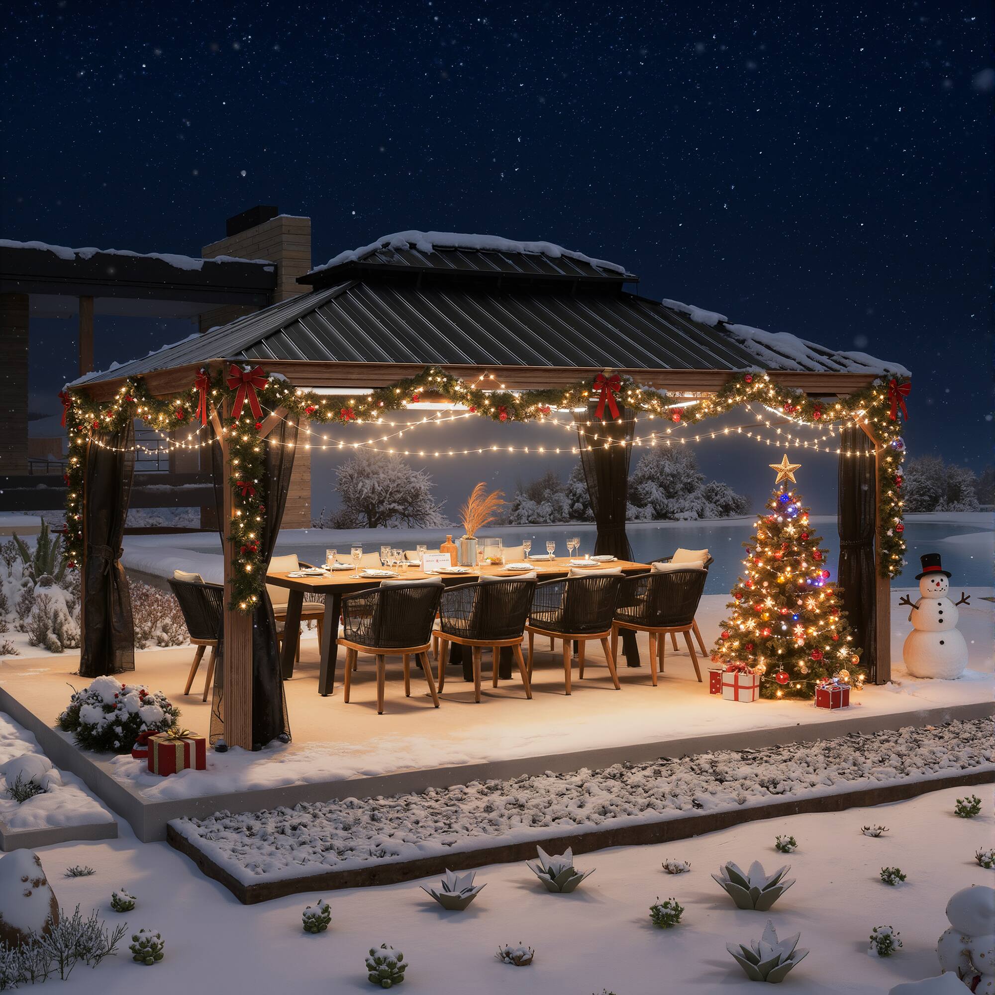 Front. PURPLE LEAF - 12 X 16 FT Hardtop Outdoor Wood Grain Aluminum Gazebo with Double Roof for Patio Lawn and Garden, Netting Included - 12' X 16'.