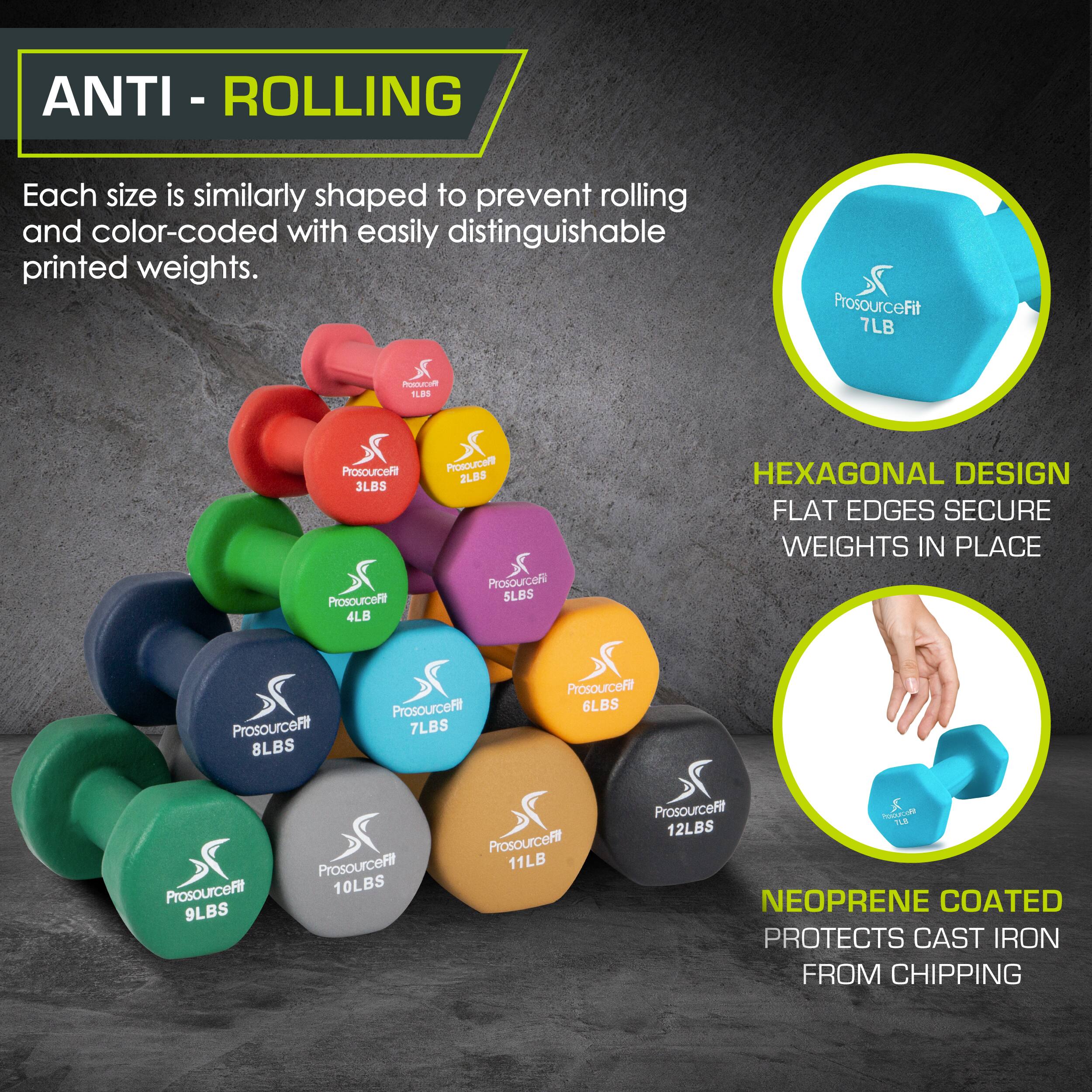 ANTI - ROLLING Each size is similarly shaped to prevent rolling and color-coded with easily distinguishable printed weights.  ProsourceFit 7LB  ProsourceFit 2LBS  ProsourceFit 3LBS  ProsourceFit 4LB  ProsourceFit 6LBS  ProsourceFit 7LBS  ProsourceFit 8LBS  ProsourceFit 9LBS  ProsourceFit 10LBS  ProsourceFit 11LB  ProsourceFit 12LBS  HEXAGONAL DESIGN FLAT EDGES SECURE WEIGHTS IN PLACE  NEOPRENE COATED PROTECTS CAST IRON FROM CHIPPING