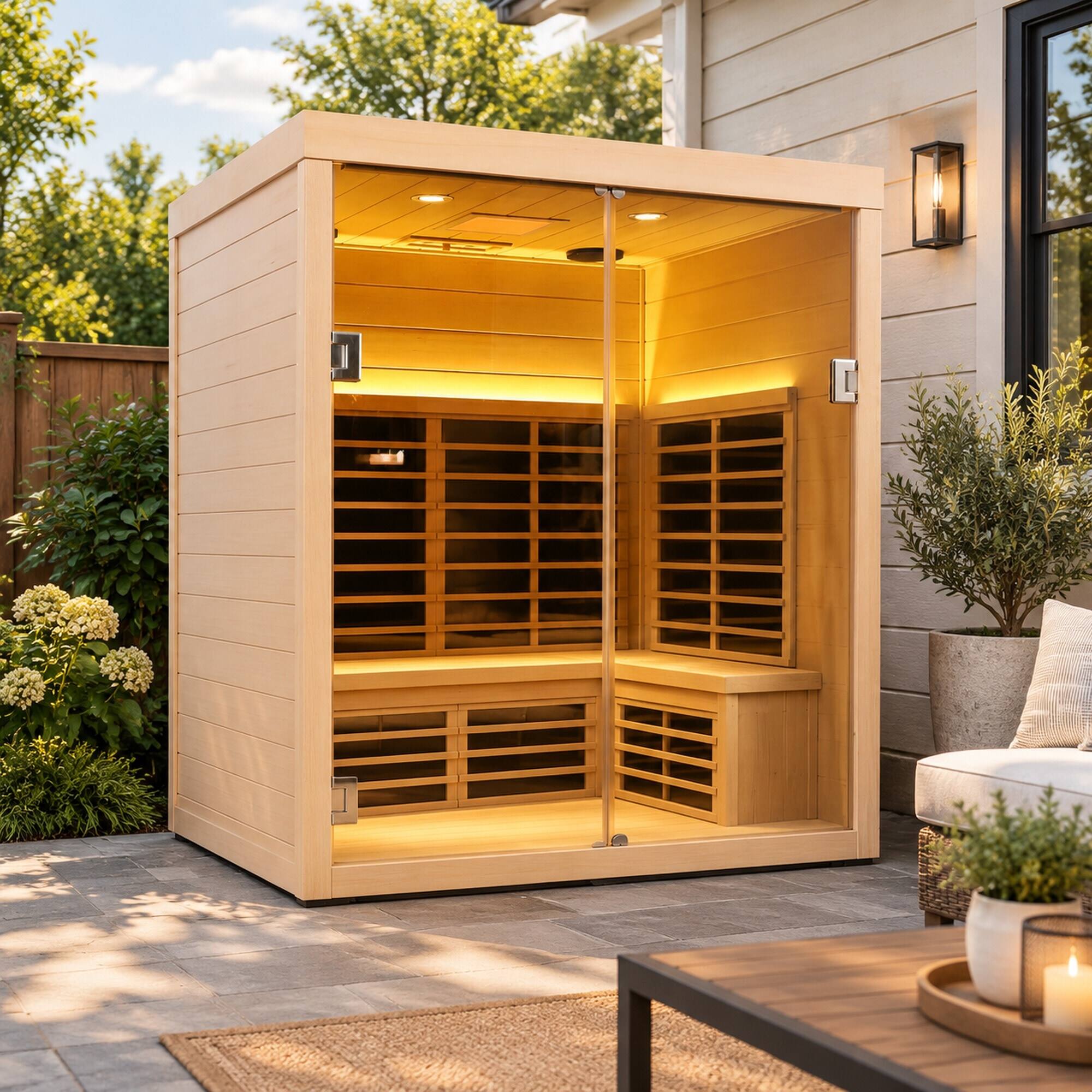 Left. RYHNUYNE - 2 Person Far Infrared Sauna, Hemlock Wood, Glass Double Doors, Low EMF, Indoor Home Spa - Natural Wood.