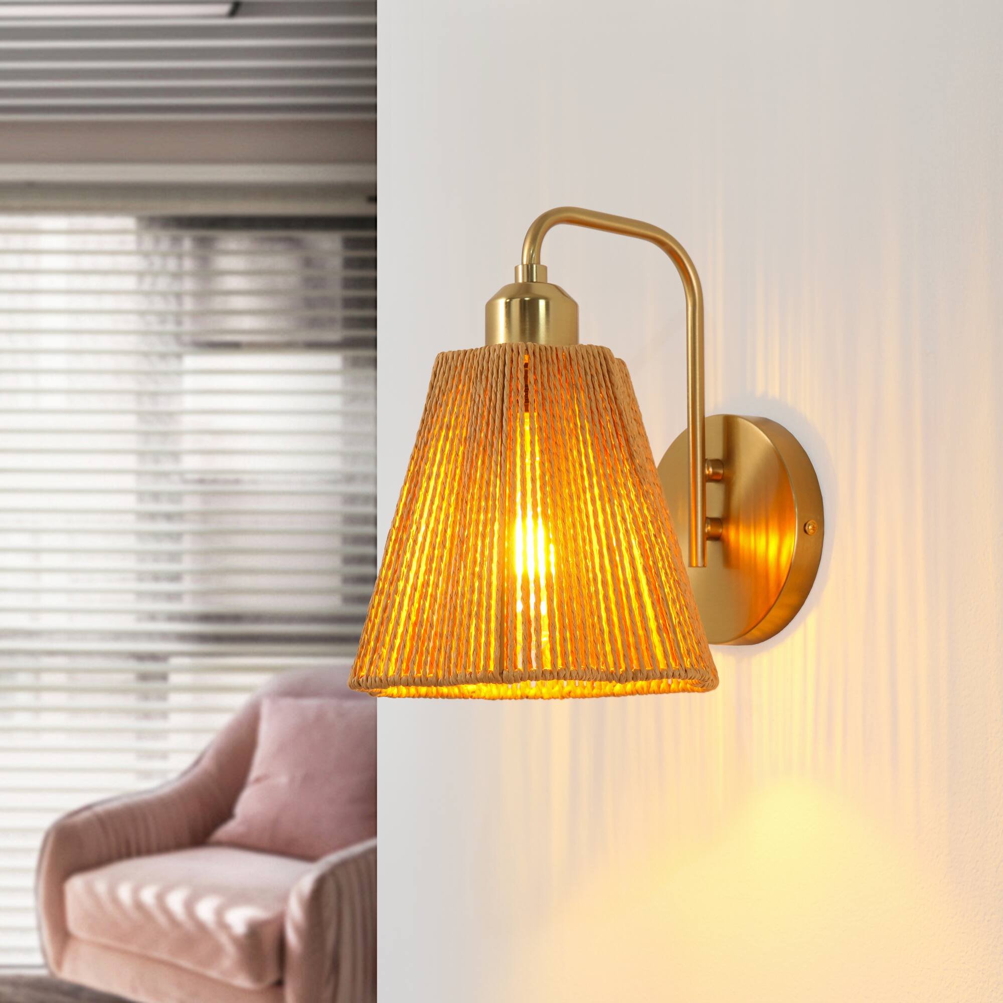 Alt View 2. Parrot Uncle - 9" Modern Gold Iron Wall Sconce Light with Paper Rope shade for Bedroom, Hallway, Living Room - Gold.