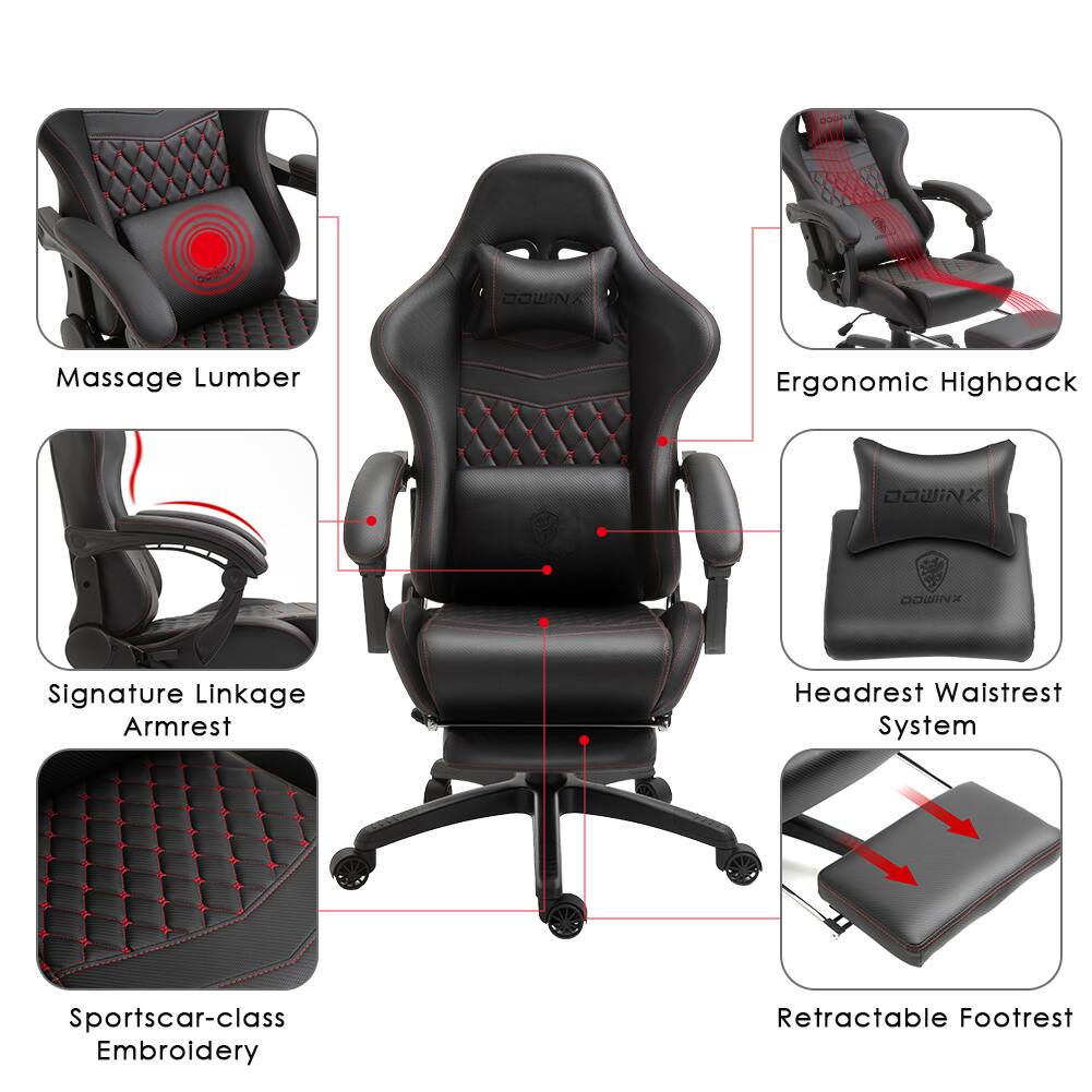 DOWINX Massage Lumber Ergonomic Highback DOWINX Signature Linkage Armrest Headrest Waistrest System Sportscar-class Embroidery Retractable Footrest