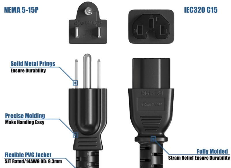 NEMA 5-15P  
IEC320 C15  

Solid Metal Prongs  
Ensure Durability  

Precise Molding  
Make Handling Easy  

Flexible PVC Jacket  
SJT Rated/14AWG OD: 9.3mm  

Fully Molded  
Strain Relief Ensure Durability  

MSL-121  
210017  

Out 10037  
MSU  

E