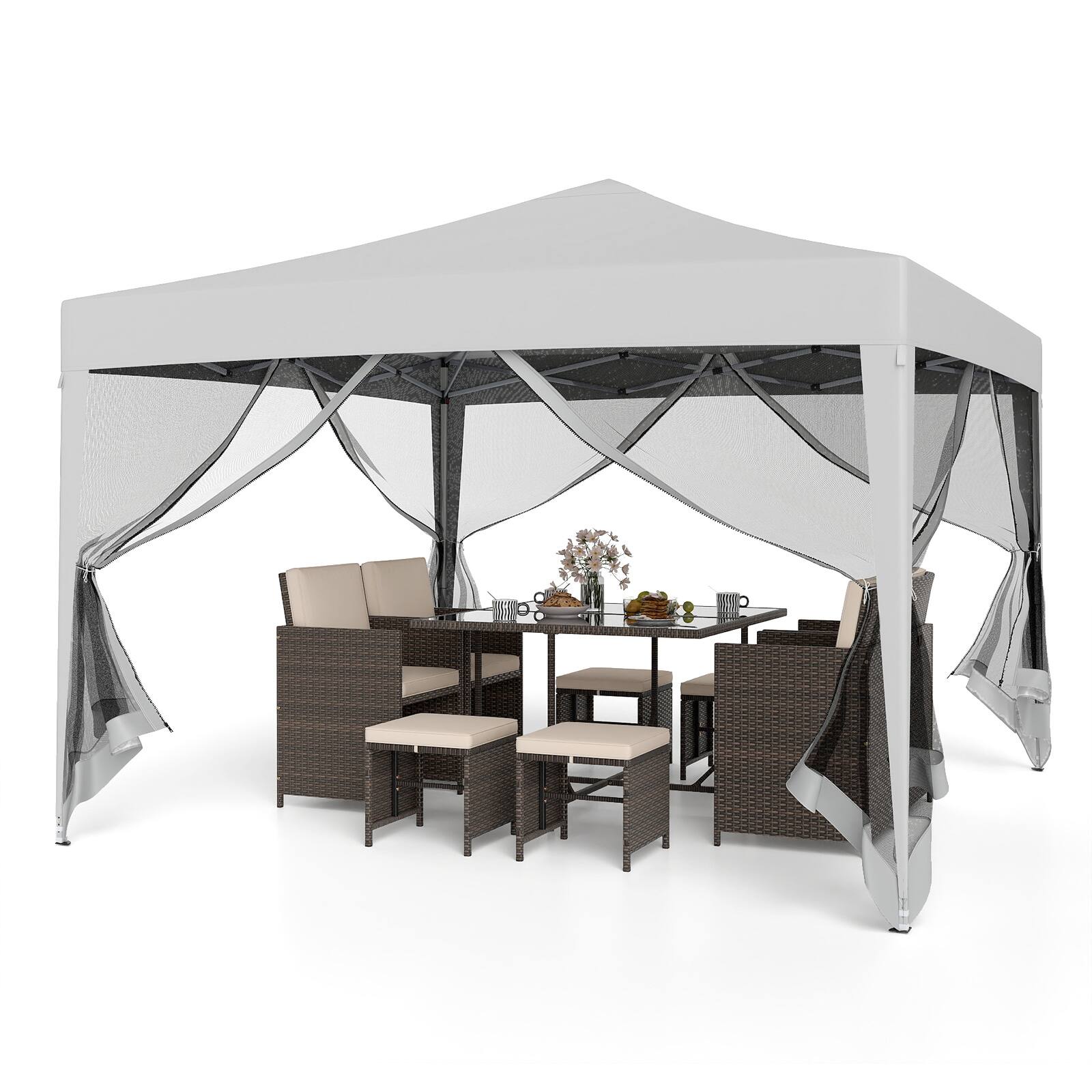 Alt View 1. Gymax - Gymax 10 FT x 10 FT Pop-Up Canopy Tent w/ Mesh Netting Carry Bag 8 Stakes & 4 Ropes Beige - Beige.