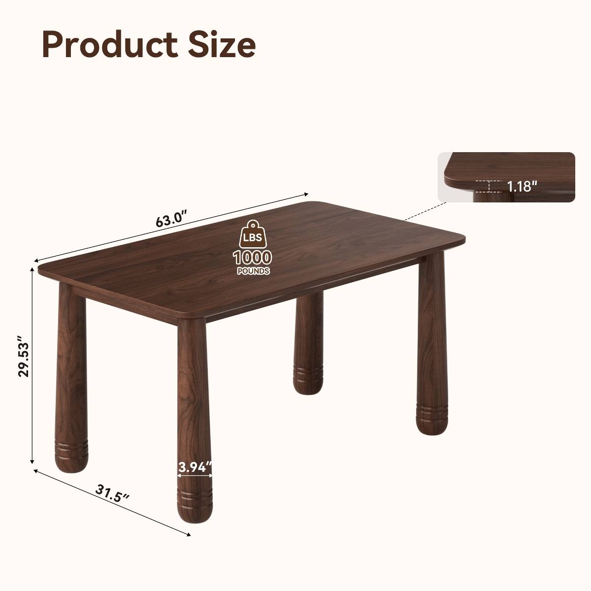 Product Size  
63.0"  
LBS 1000 POUNDS  
1.18"  
29.53"  
31.5"  
3.94"