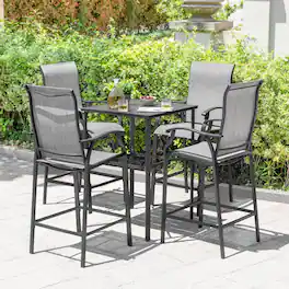 Nuu Garden - Outdoor 5-Piece Textilene Bar Set, Height Back Bar Stools and Umbrella Hole - Black and Gray