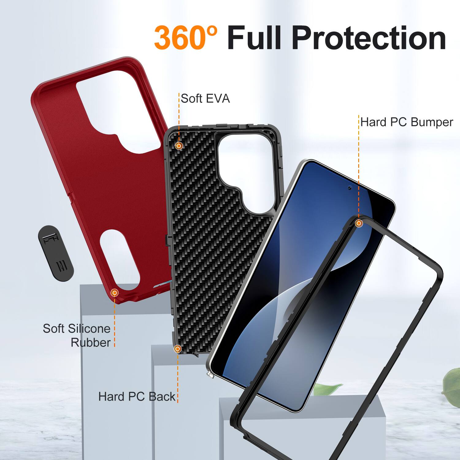 360° Full Protection

- Soft EVA
- Hard PC Bumper
- Soft Silicone Rubber
- Hard PC Back