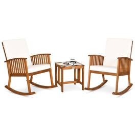 Costway - 3 Pieces Acacia Wood Rocking Bistro Set with Coffee Table and Cushions for Lawn - Natural,Off White