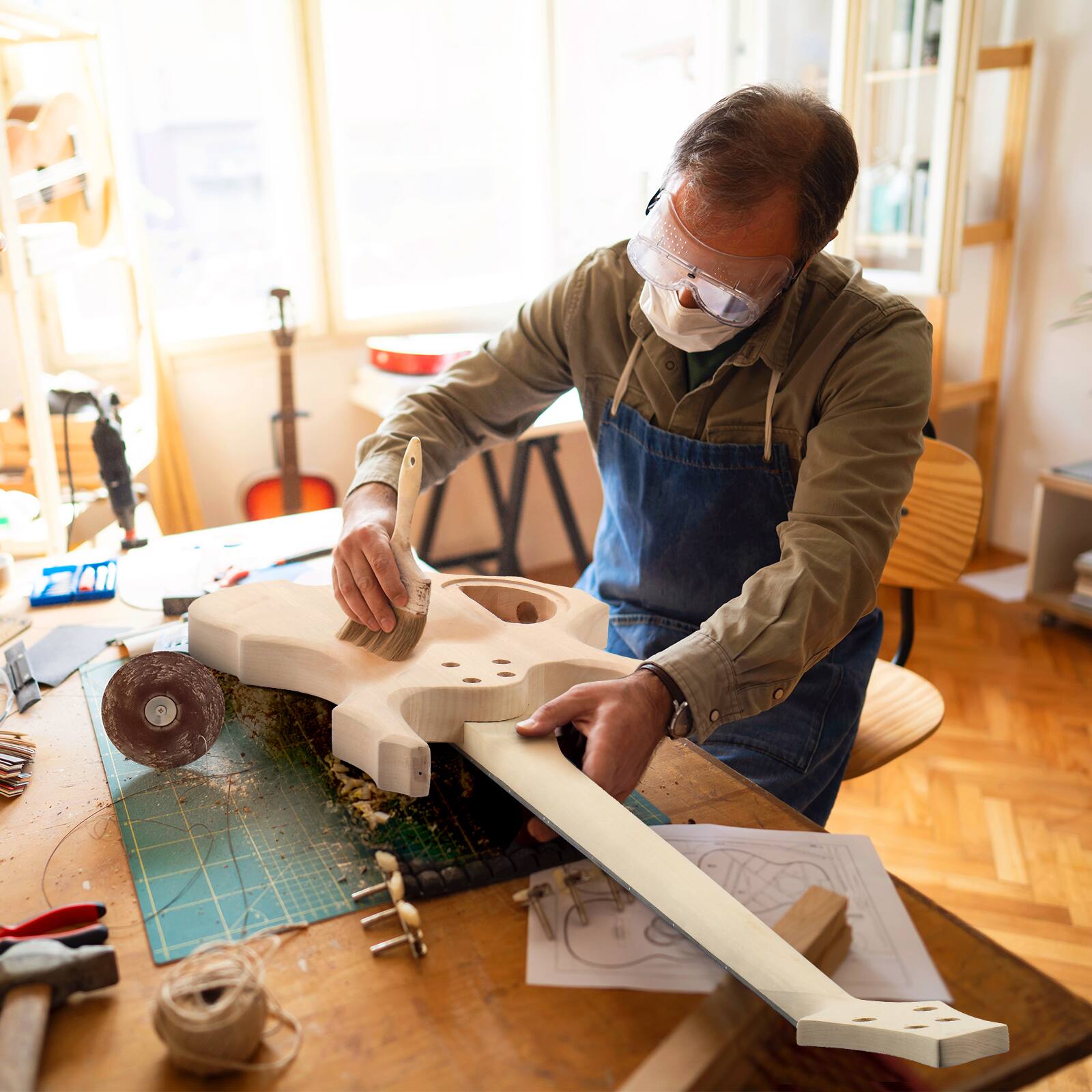 Alt View 2. Winado - DIY 4 String Flame Shaped Style Electric Bass Guitar Kits with Mahogany Body, Maple Neck and Accessories.