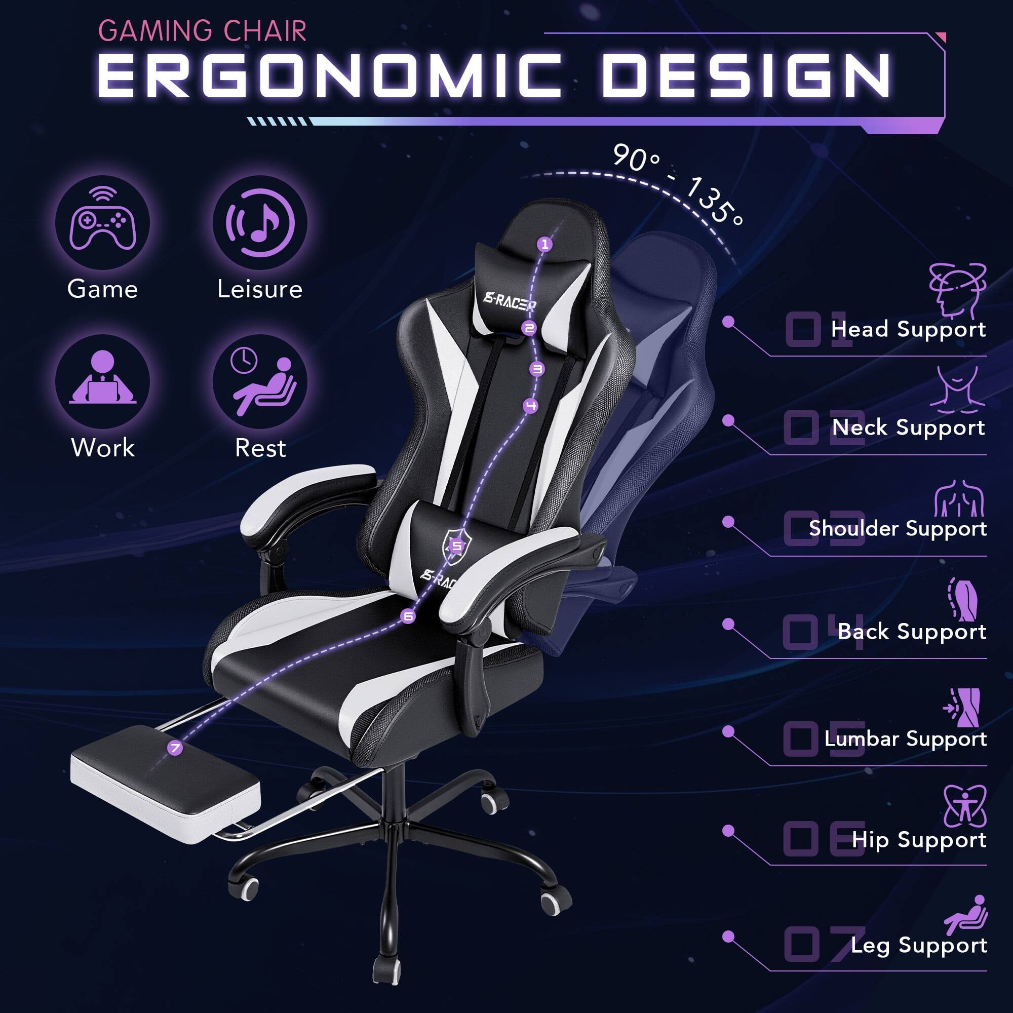 GAMING CHAIR ERGONOMIC DESIGN 90° - 135°

Game Leisure
Work Rest

Head Support
Neck Support
Shoulder Support
Back Support
Lumbar Support
Hip Support
Leg Support