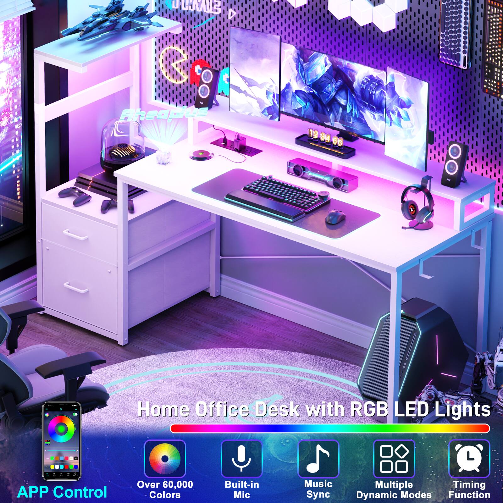 Home Office Desk with RGB LED Lights

- APP Control
- Over 60,000 Colors
- Built-in Mic
- Music Sync
- Multiple Dynamic Modes
- Timing Function