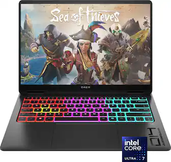 Sea of Thieves is a game that is displayed on a laptop screen. The laptop is an Omen by HP computer, and it features a colorful keyboard. The game is set in a pirate-themed world, with three main characters visible on the screen.