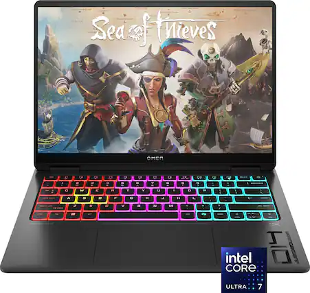 Sea of Thieves is a game that is displayed on a laptop screen. The laptop is an Omen by HP computer, and it features a colorful keyboard. The game is set in a pirate-themed world, with three main characters visible on the screen.
