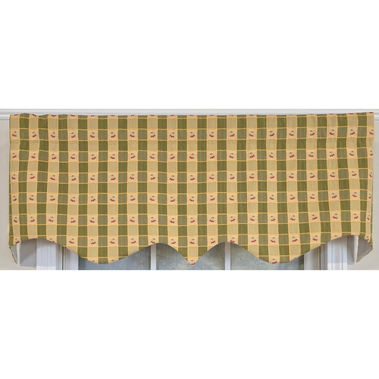 Left. RLF Home - RLF Home 100% Cotton Cherry Squares Regal With Poly/Cotton lining Rod Pocket Valance 50" x 15" Green - Green.