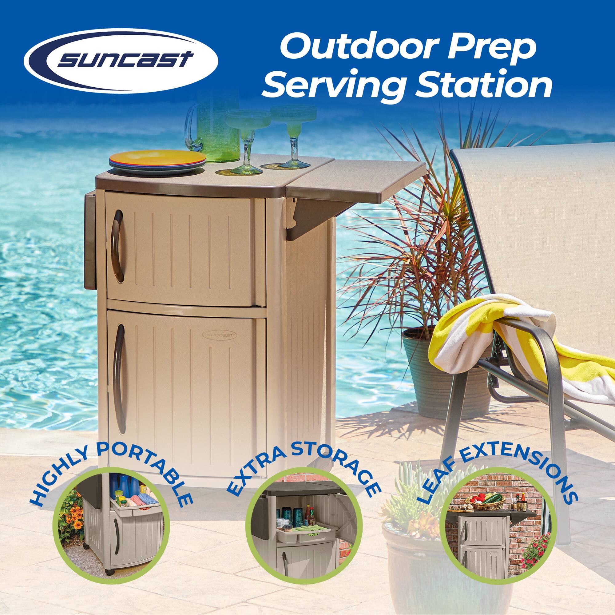 Suncast Outdoor Prep Serving Station  
- Highly Portable  
- Extra Storage  
- Leaf Extensions