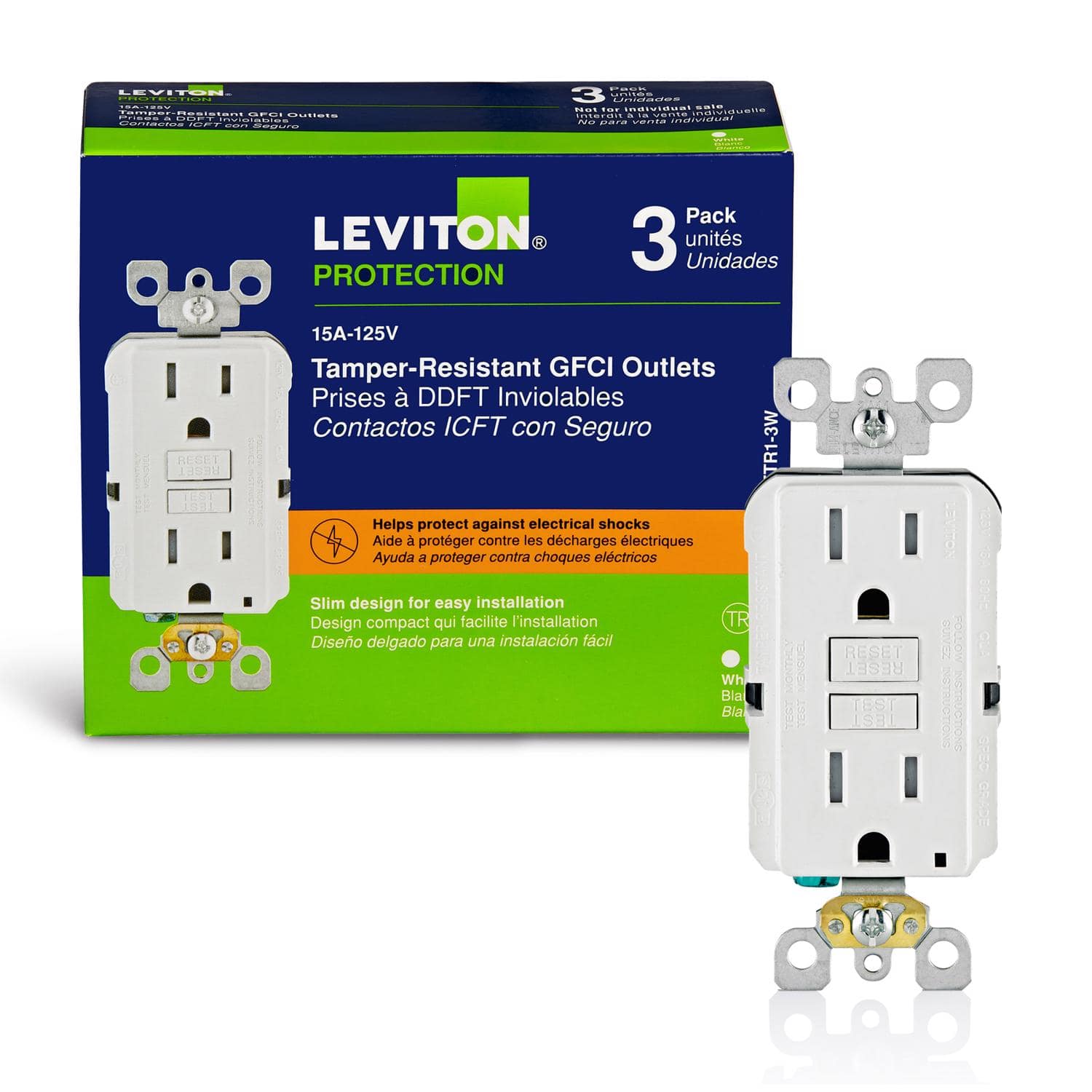Leviton - SmartlockPro 15 amps 125 V Duplex GFCI Outlet 5-15R 3 pk - White
