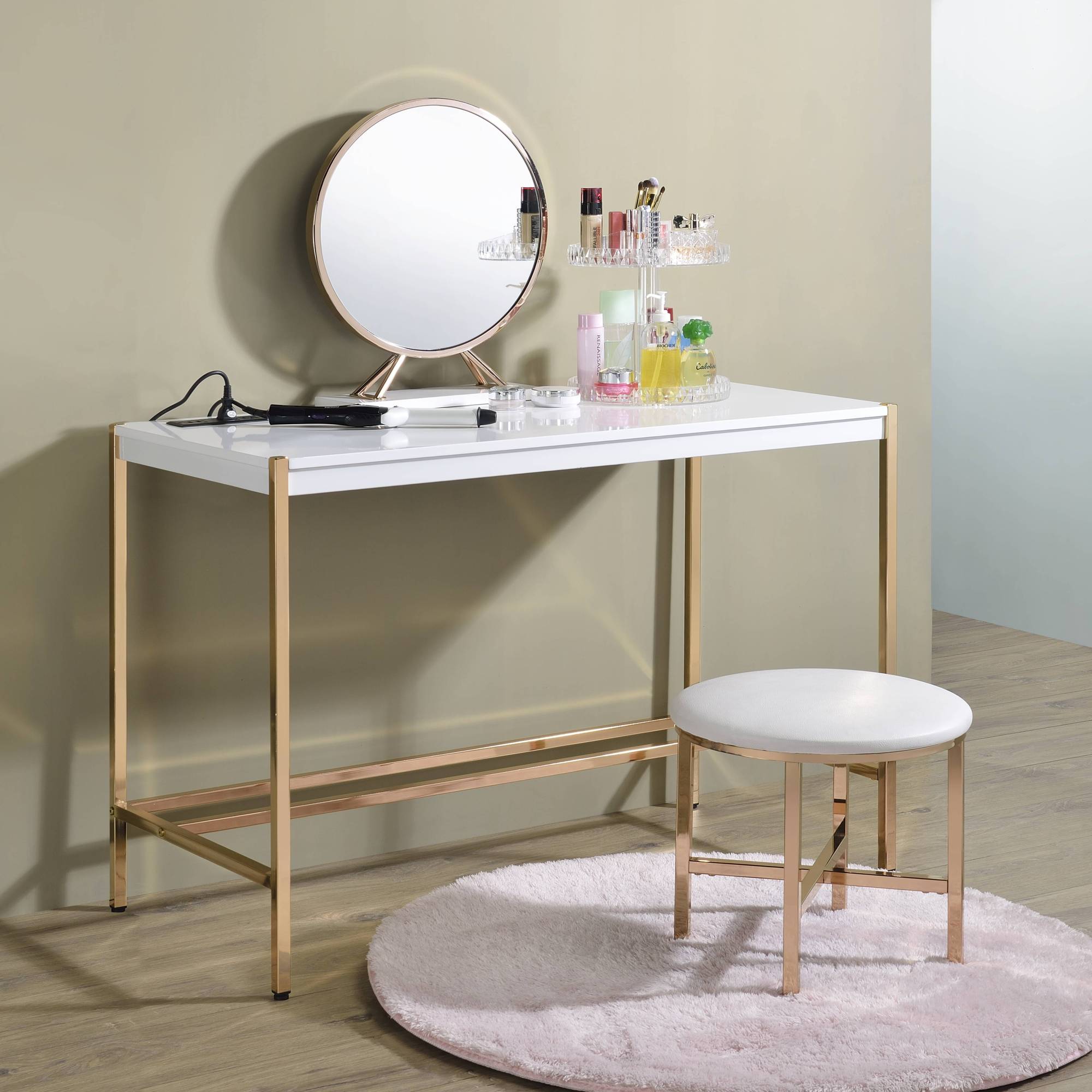Alt View 1. GOODSILO - Modern Writing Desk with USB Charging Port for Contemporary Home Office Workspace - Golden+White.