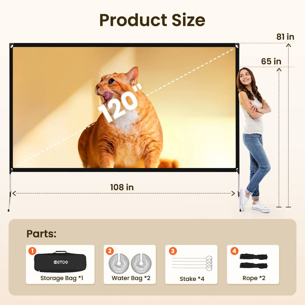 Product Size:  
120" x 81 in x 65 in  
108 in

Parts:  
1. Storage Bag *1  
2. Water Bag *2  
3. Stake *4  
4. Rope *2