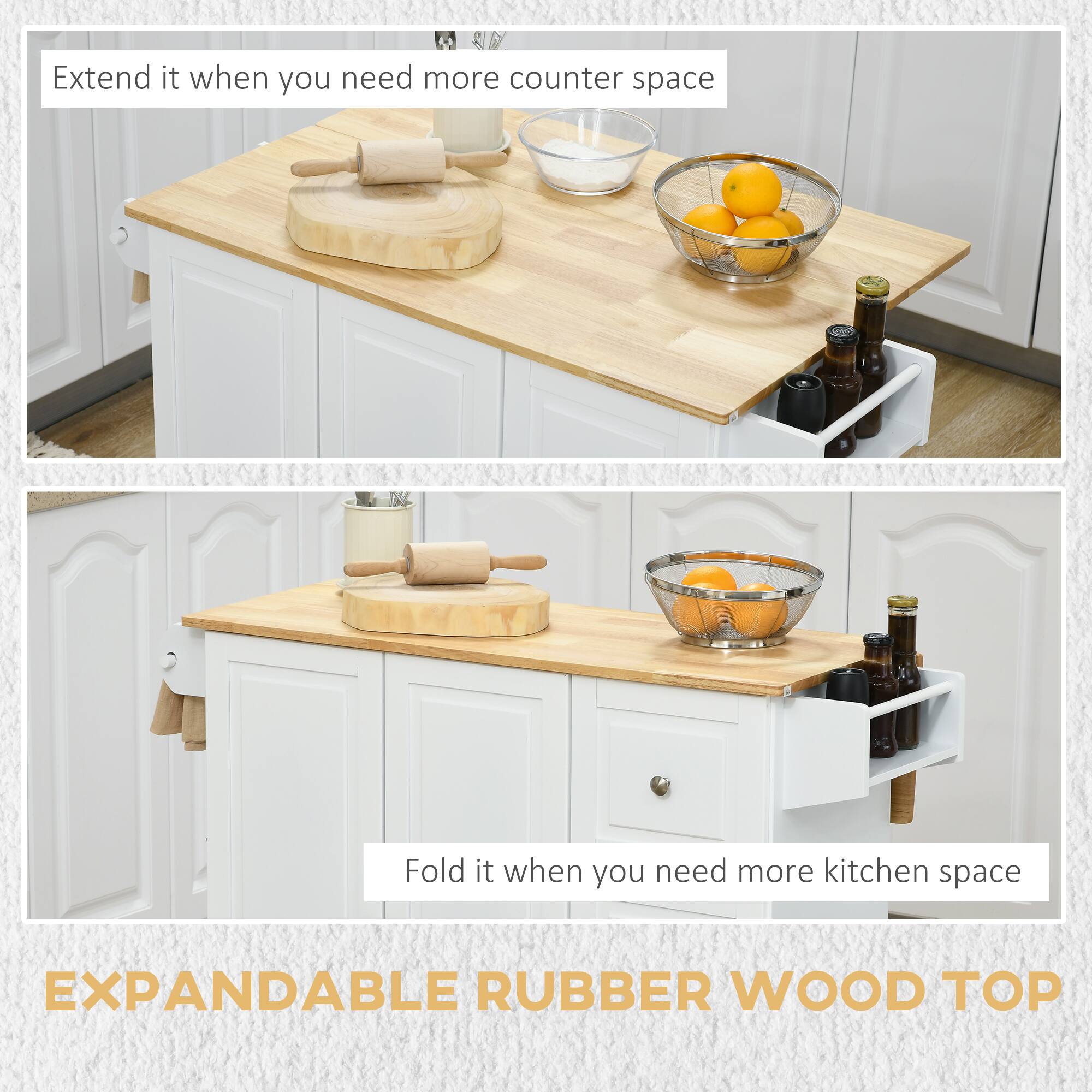 SN Extend it when you need more counter space, Fold it when you need more kitchen space, EXPANDABLE RUBBER WOOD TOP