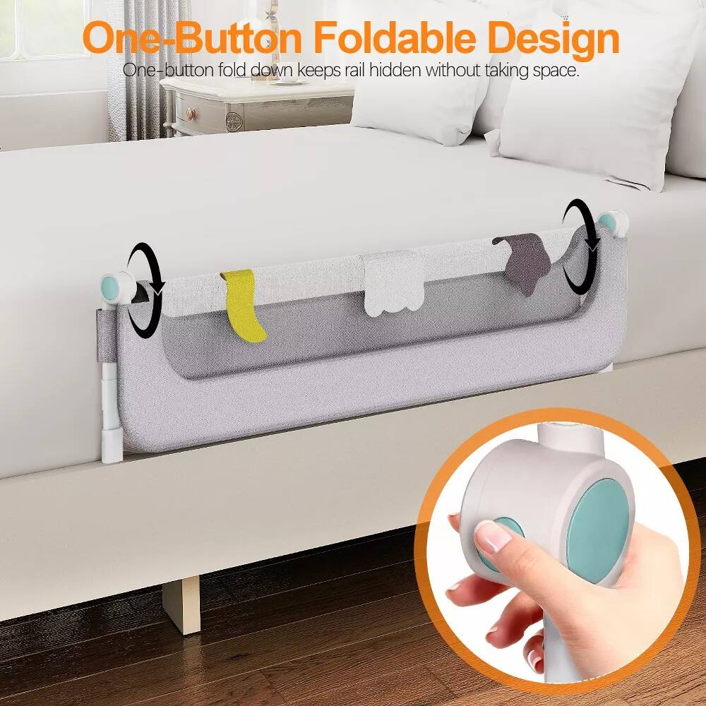 Alt View 4. SKONYON - 69" Bed Guard Rail for Toddlers with 14-Level Height Adjustment, Foldable Mesh Panel and U-Shaped Base - Gray.