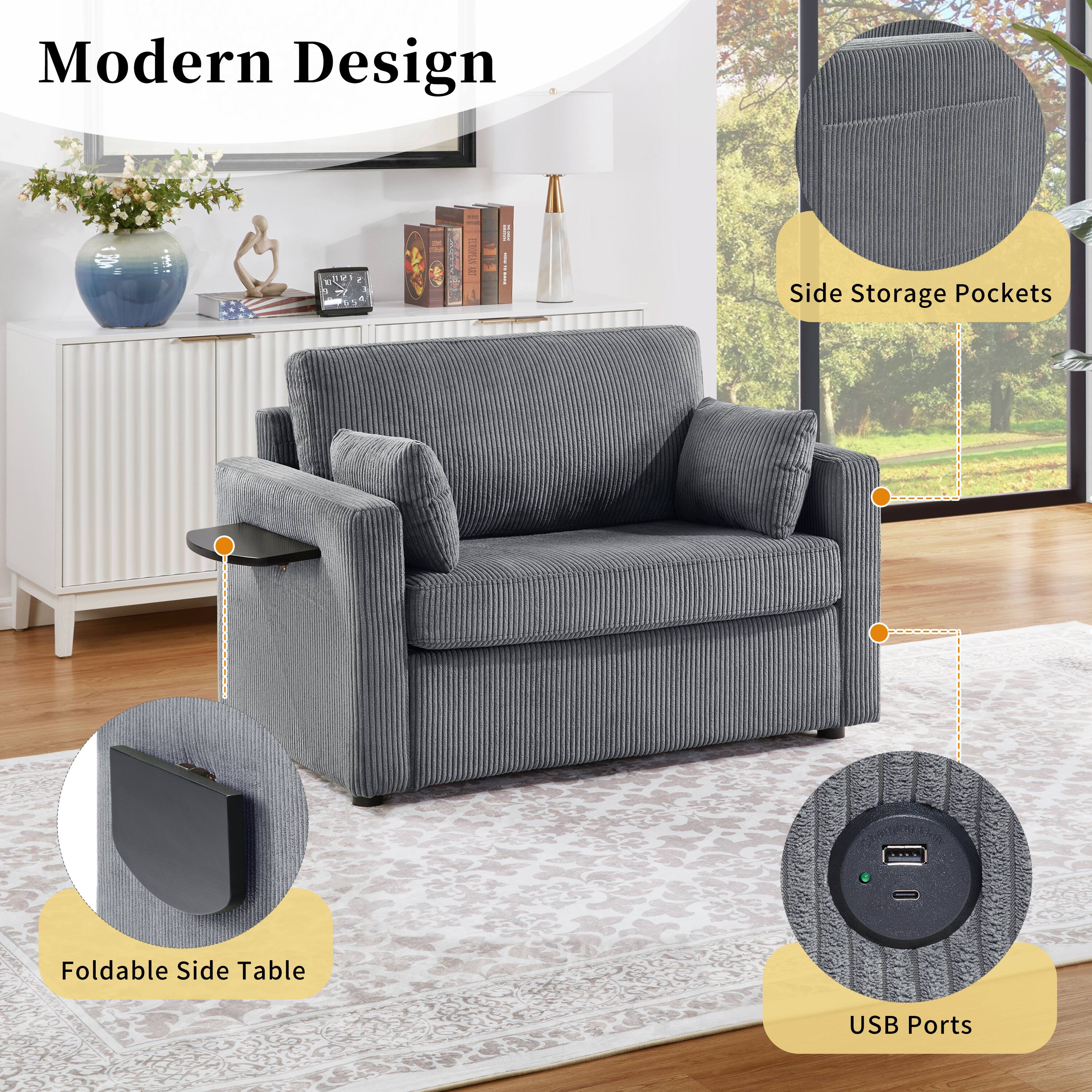 Modern Design! Side Storage Pockets, Foldable Side Table, USB Ports.