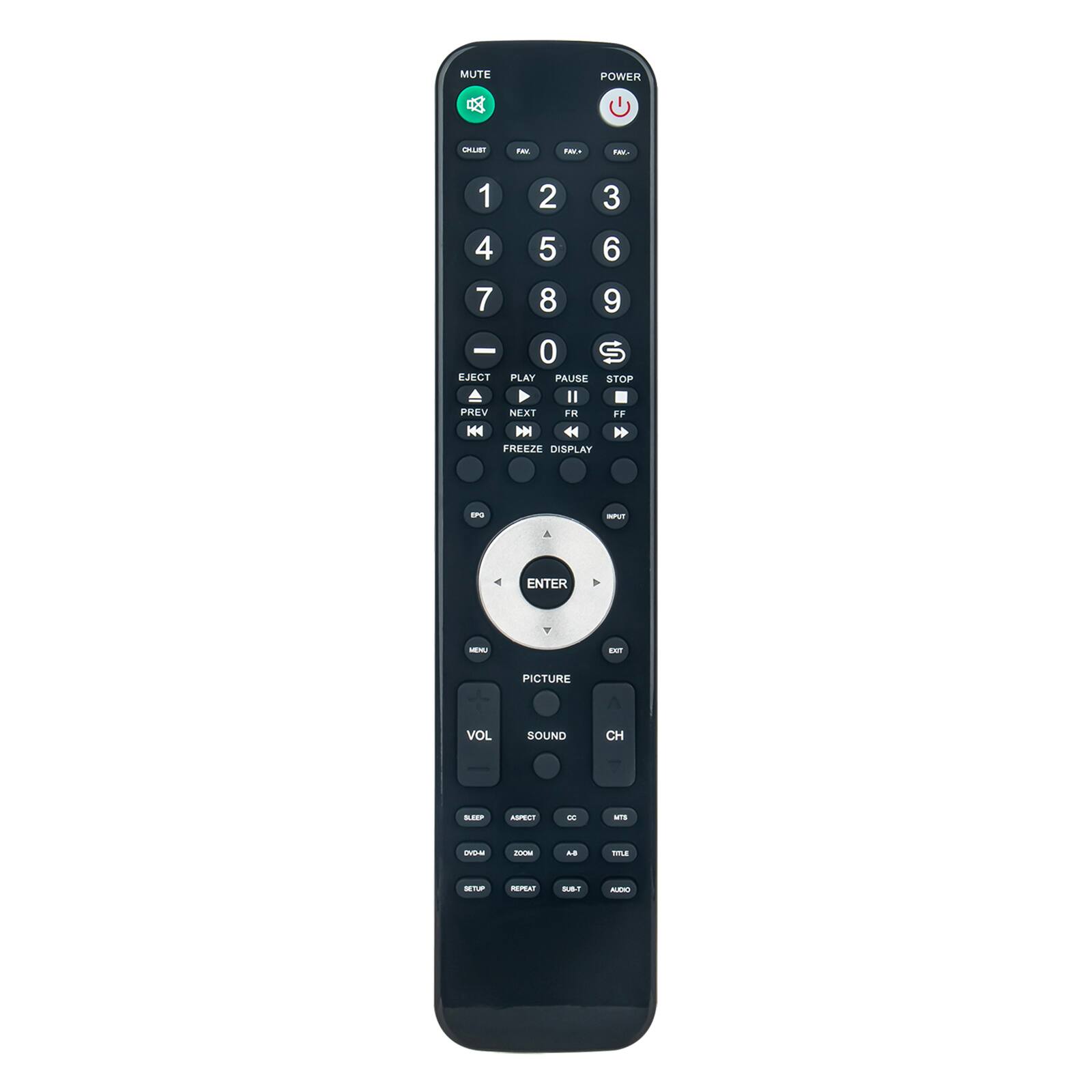 MUTE  
POWER  
1 2 3 4 5 6 7 8 9 0  
EJECT PLAY PAUSE STOP PREV NEXT FF FR  
FREEZE DISPLAY  
ENTER  
MENU  
PICTURE  
VOL  
SOUND  
CH  
CC  
MT  
SUB-T  
AUDIO  
SLEEP  
ASPECT  
ZOOM  
SETUP  
REPEAT