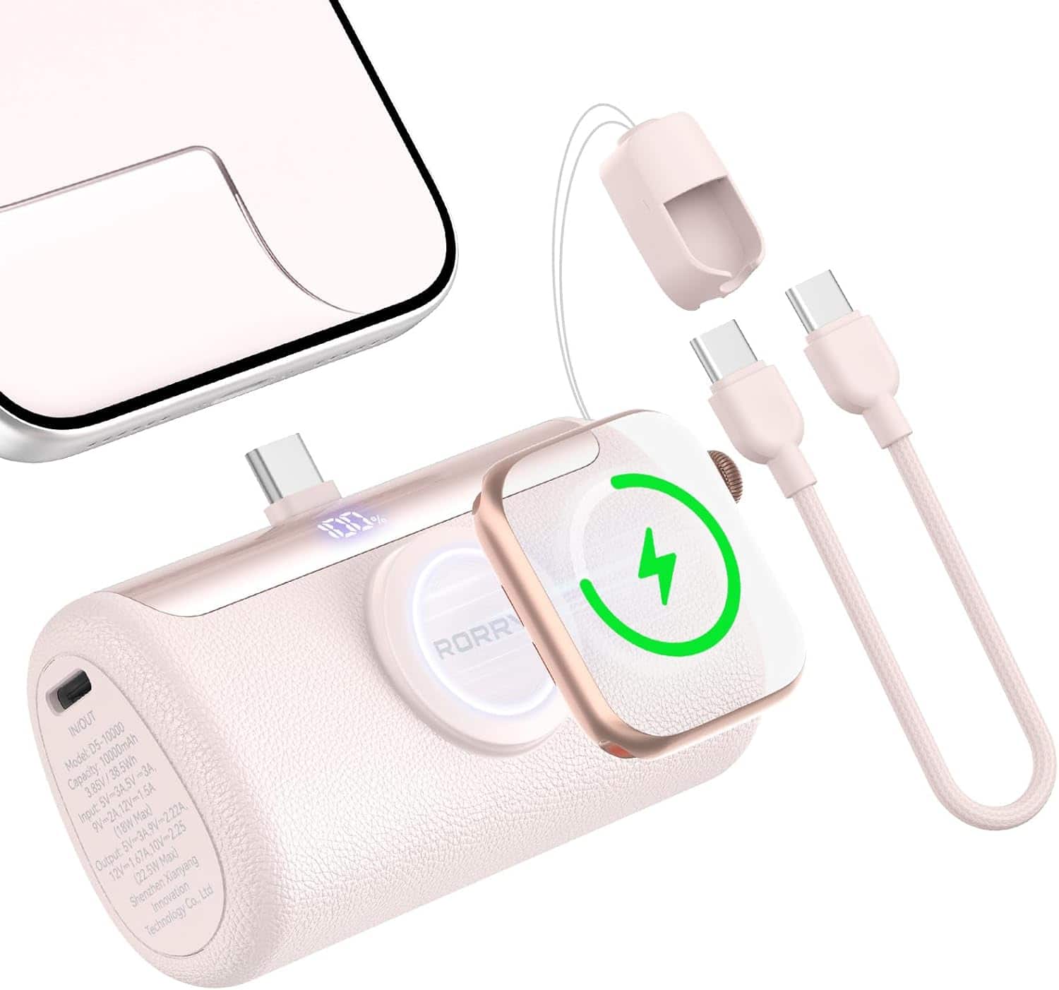 RORRY - PalmGo 10000mAh Portable Charger 22.5W 3-in-1 Power Bank with USB-C, for iPhone 17/16/15, Apple Watch, iPad - Pink