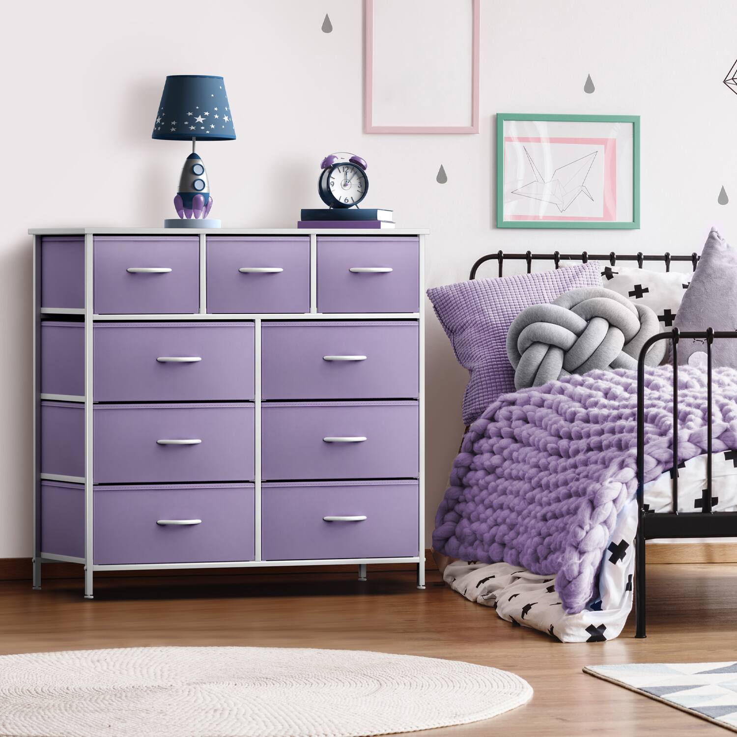 Angle. Sorbus - Sorbus 9 Drawers Dresser - Furniture Storage for Bedroom, Closet, and More - Steel Frame, Wood Top, Fabric Bins - Purple.