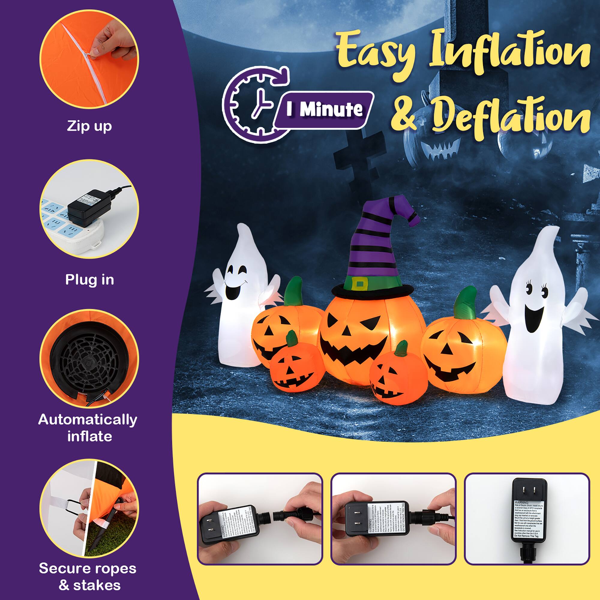 Zip up Easy Inflation I Minute & Deflation. Plug in and automatically inflate. Secure ropes and stakes.