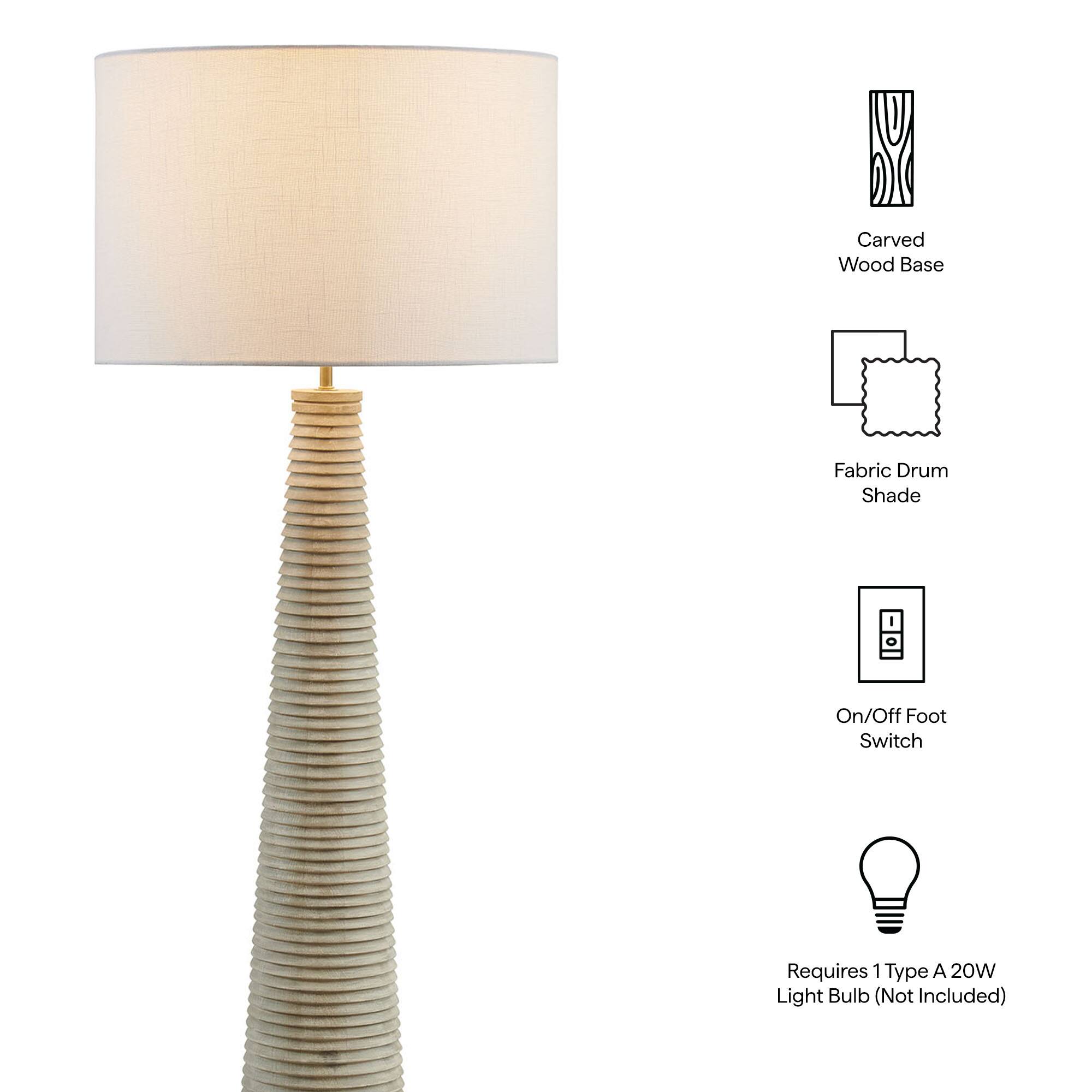 Carved Wood Base  
Fabric Drum Shade  
On/Off Foot Switch  
Requires 1 Type A 20W Light Bulb (Not Included)