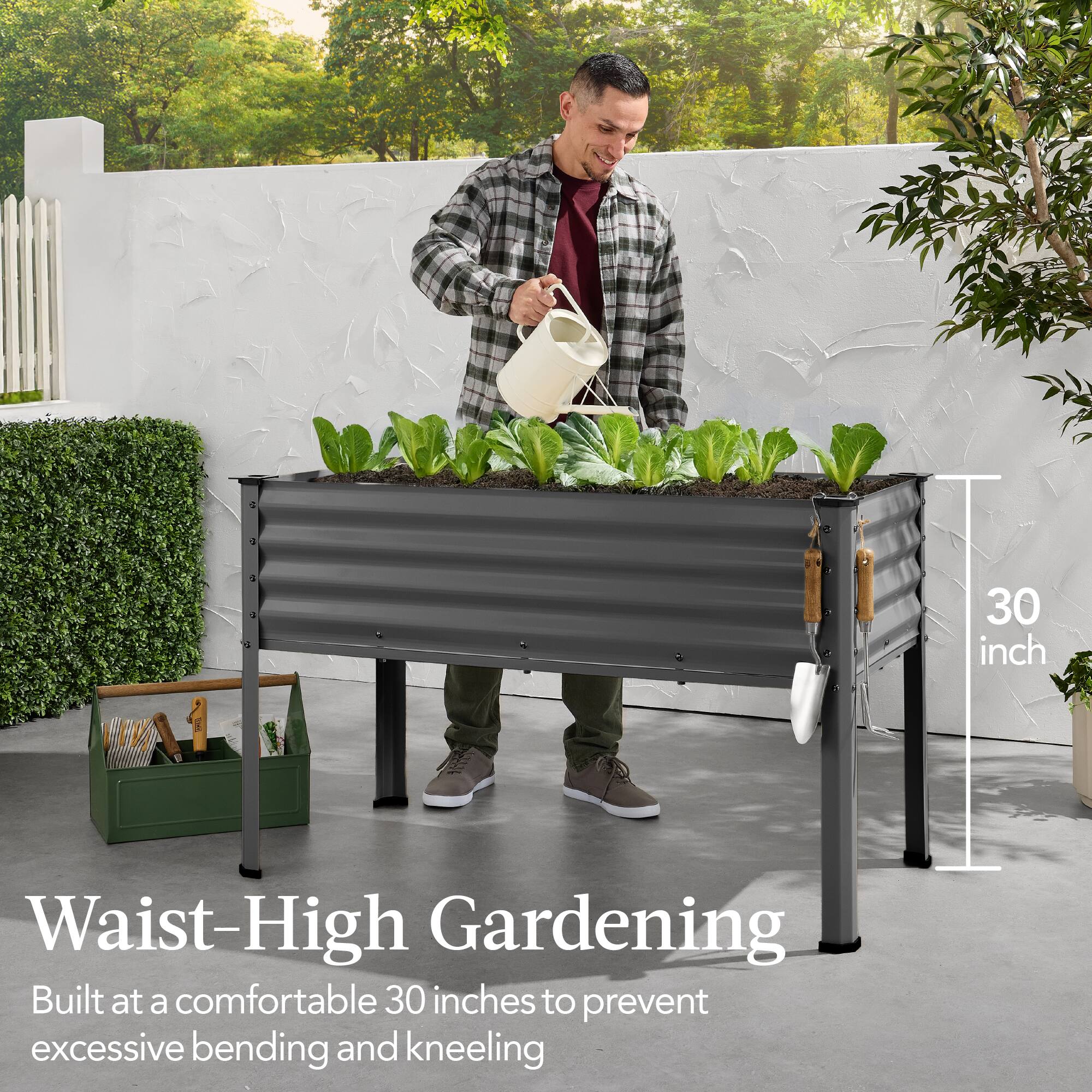 Waist-High Gardening

Built at a comfortable 30 inches to prevent excessive bending and kneeling