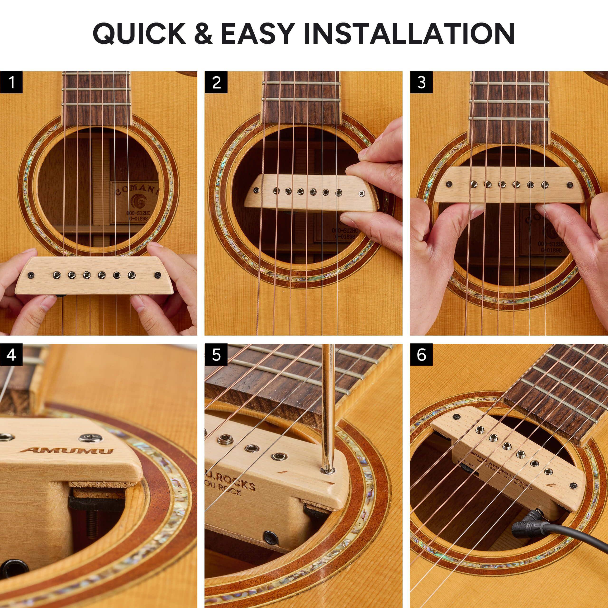 QUICK & EASY INSTALLATION

1. [Image of a guitar with a pickup being held in front of it]

2. [Image of a guitar with a pickup being placed inside the sound hole]

3. [Image of a guitar with a pickup being positioned inside the sound hole]

4. [Image of a guitar with a pickup being secured inside the sound hole]

5. [Image of a guitar with a pickup being adjusted inside the sound hole]

6. [Image of a guitar with a pickup fully installed and connected to a cable]