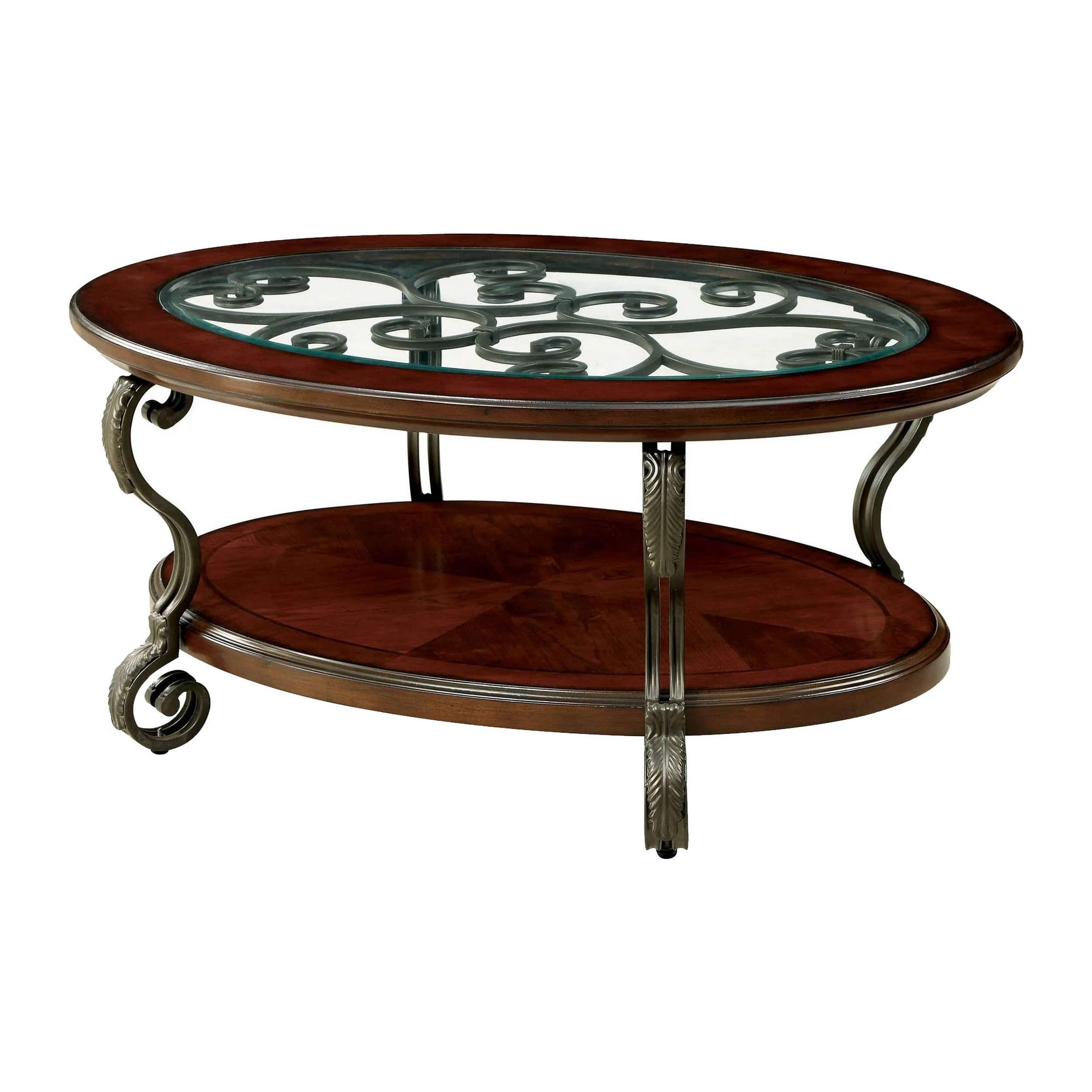 Manhattan Lane - 48 Inch Oval Coffee Table, Glass Top, Scrolled Metal Legs, Cherry - Brown