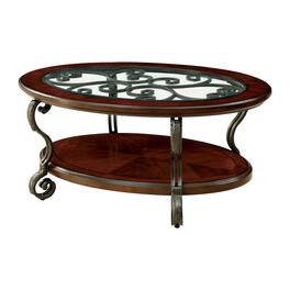 Manhattan Lane - 48 Inch Oval Coffee Table, Glass Top, Scrolled Metal Legs, Cherry - Brown