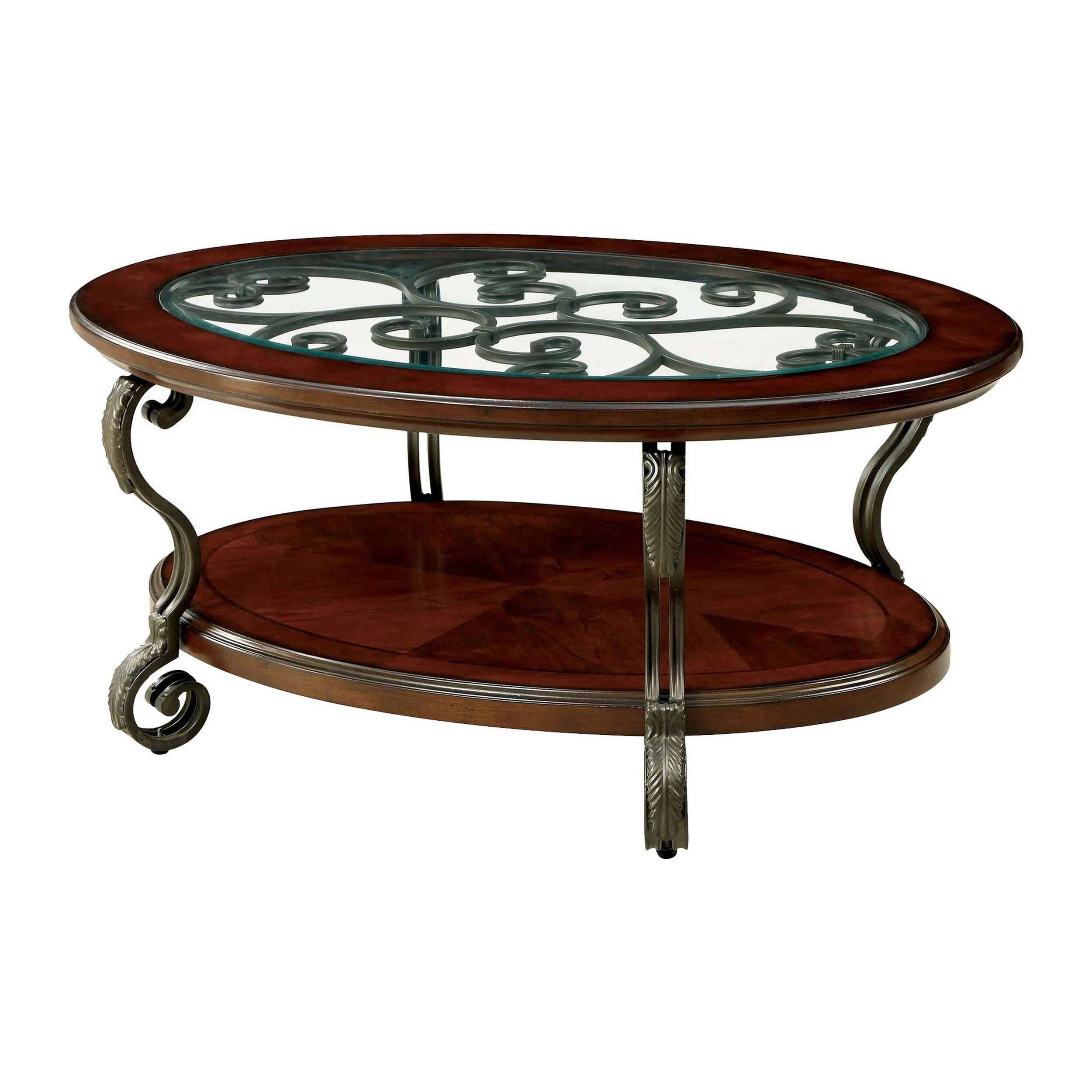 Front. Manhattan Lane - 48 Inch Oval Coffee Table, Glass Top, Scrolled Metal Legs, Cherry Brown - Brown.