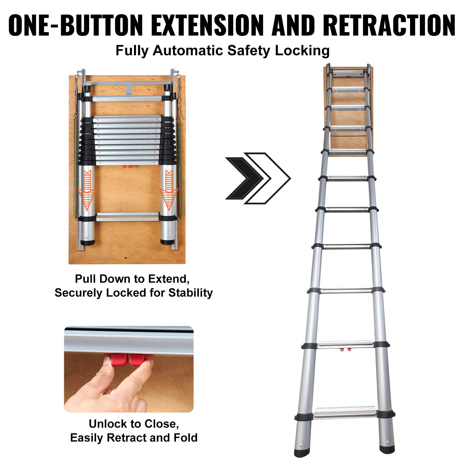 ONE-BUTTON EXTENSION AND RETRACTION  
Fully Automatic Safety Locking  

Pull Down to Extend,  
Securely Locked for Stability  

Unlock to Close,  
Easily Retract and Fold