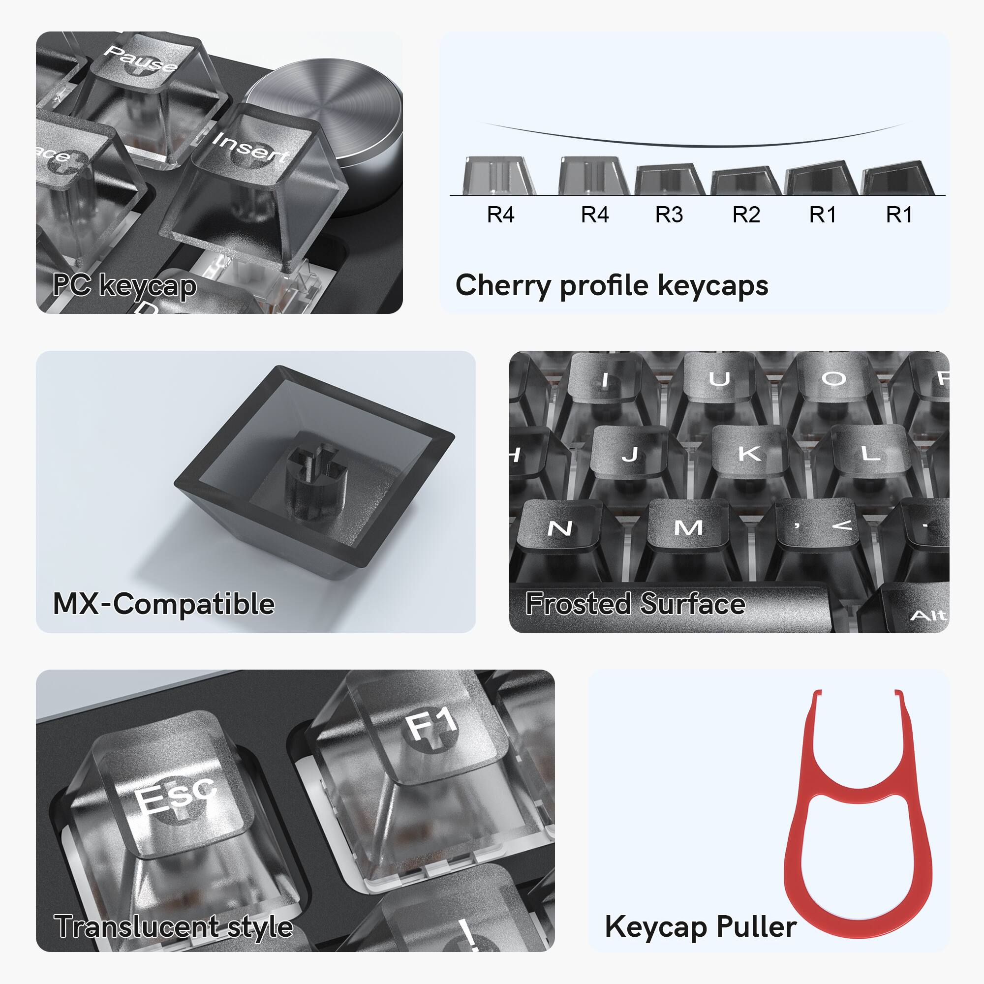 Pause ace Inse R4 R4 R3 R2 R1 R1 PC keycap Cherry profile keycaps I - U - O F H J K L N M , V MX-Compatible Frosted Surface Alt Esc F1 Translucent style Keycap Puller