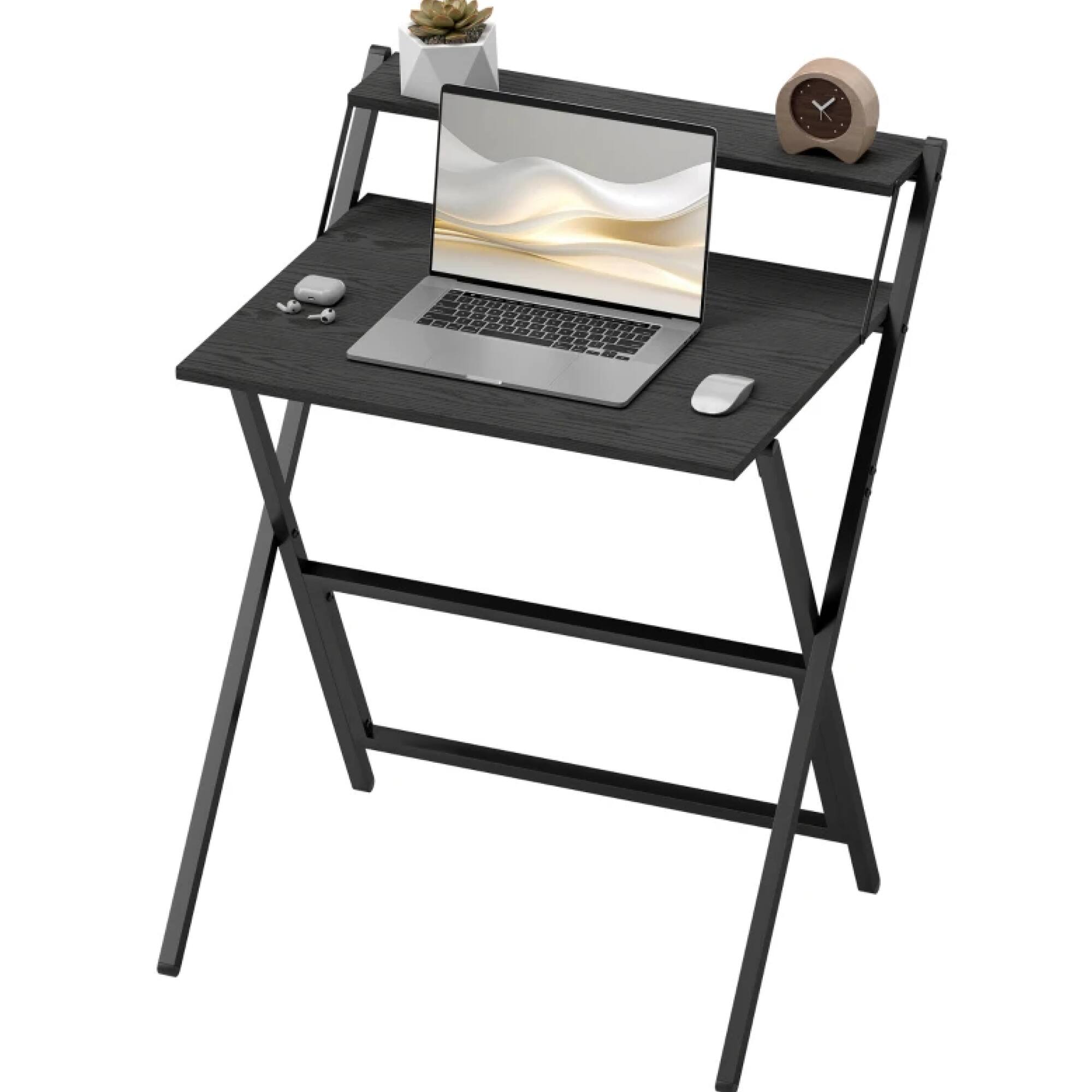 Angle. GOODSILO - Space-Saving Foldable Computer Desk with Integrated Monitor Shelf for Compact Home and Office Use - Black.