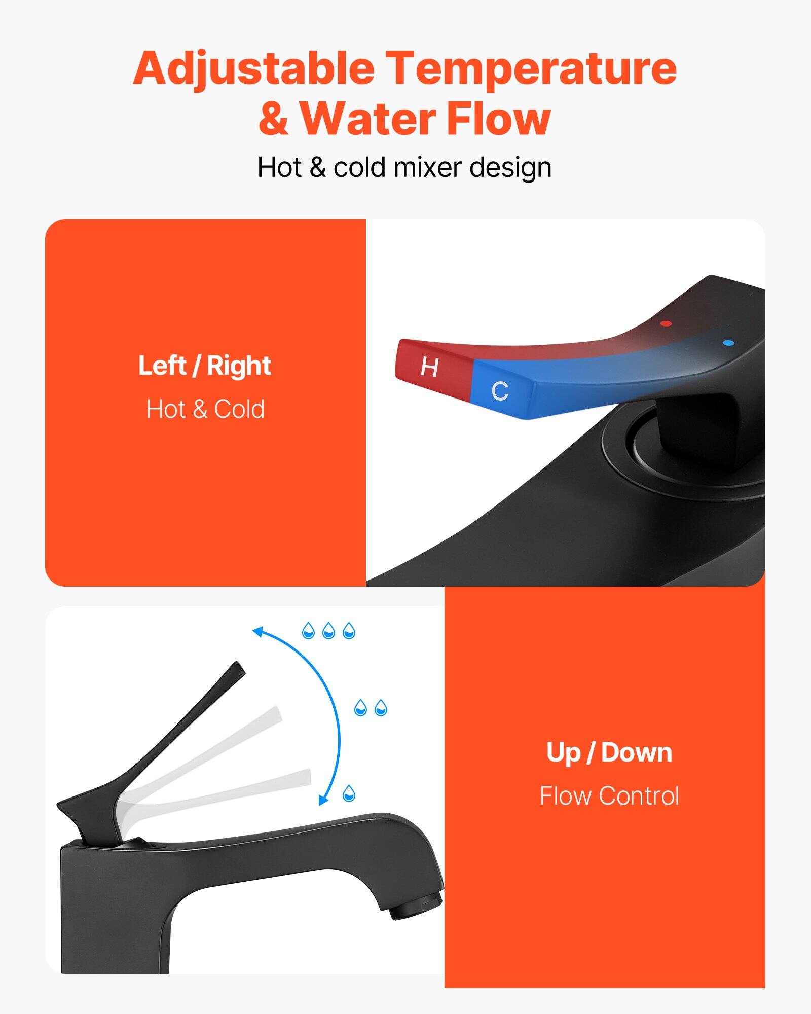 Adjustable Temperature & Water Flow  
Hot & cold mixer design  

Left / Right  
Hot & Cold  

Up / Down  
Flow Control