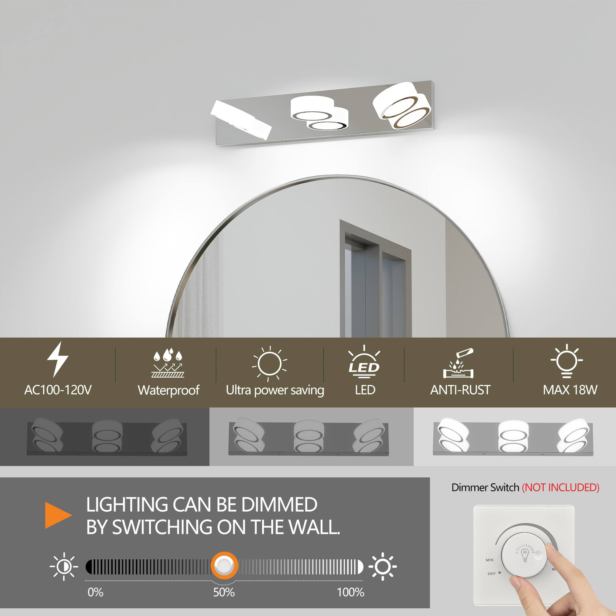 AC100-120V  
Waterproof  
Ultra power saving LED  
LED  
ANTI-RUST  
MAX 18W  

LIGHTING CAN BE DIMMED BY SWITCHING ON THE WALL  
Dimmer Switch (NOT INCLUDED)  
0% 50% 100%