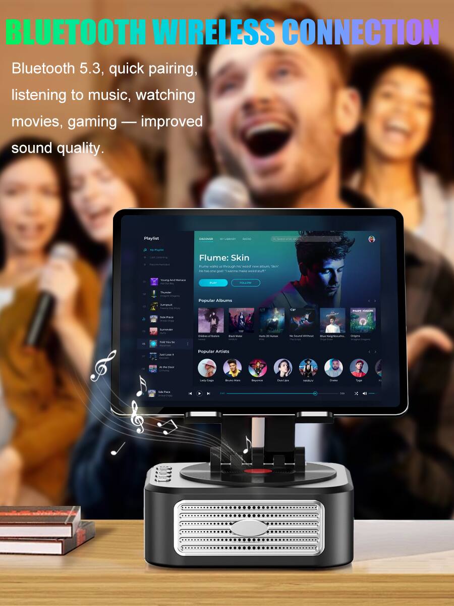 BLUETOOTH WIRELESS CONNECTION

Bluetooth 5.3, quick pairing, listening to music, watching movies, gaming — improved sound quality.

Playlist:
- Flume: Skin
- My Playlist
- Listen to Music
- Recommended
- Thursday
- Jumpsuit
- Slide Pace
- Surrender
- Talk You So
- Let Love In
- At The Door

Popular Albums:
- Dua Lipa
- Bruno Mars
- Beyoncé
- Drake
- Tyla Yee
- Rauae

Popular Artists:
- Lady Gaga
- Bruno Mars
- Drake
- Tyla Yee
- Rauae