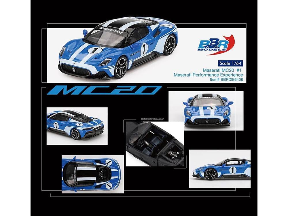 Sure, here is the corrected and grouped text from the image:

---

**B.B.R. MODELS**

**Scale 1/64**

**Maserati MC20 #1 Performance Experience**

**Item# BBRDIE6408**

**Detail Color Decoration**

---

**MC20**