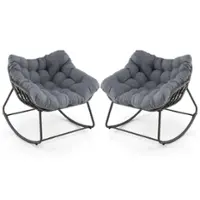 Costway 2 PCS Outdoor Rocking Chair Oversized Patio PE Wicker Egg Chair Rattan Lounge Chair - Gray + Mix Gray - Front_Zoom