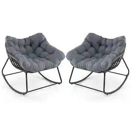 Costway - 2 PCS Outdoor Rocking Chair Oversized Patio PE Wicker Egg Chair Rattan Lounge Chair - Gray + Mix Gray