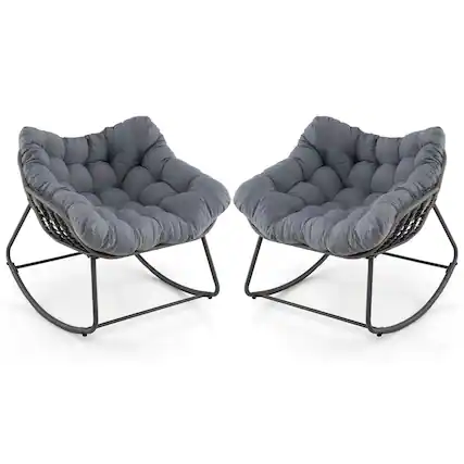 Front. Costway - 2 PCS Outdoor Rocking Chair Oversized Patio PE Wicker Egg Chair Rattan Lounge Chair - Gray + Mix Gray.