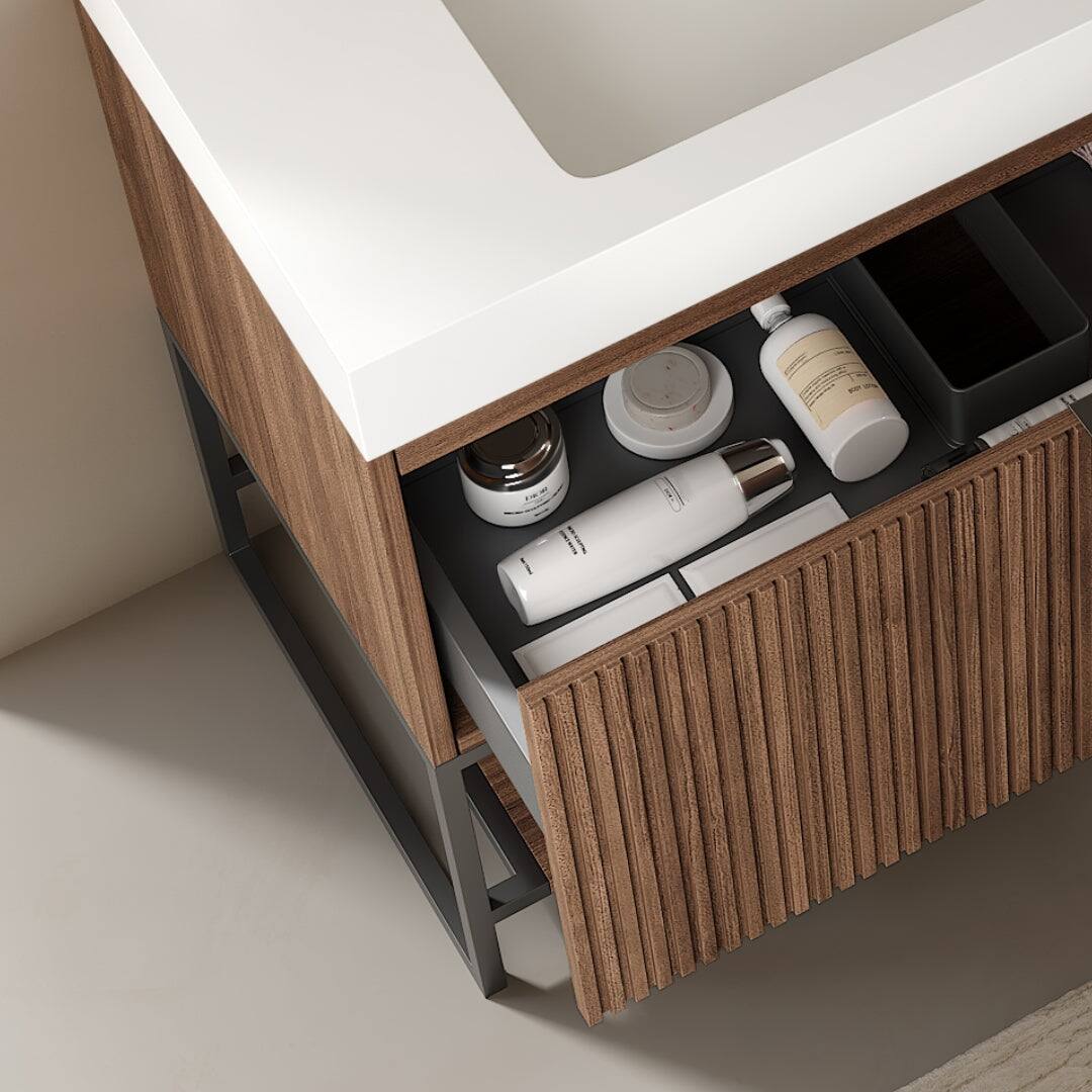 Alt View 2. Boyel Living - 30 Bathroom Vanity with Drawer Open Shelf Rectangular Integrated Basin Retro Walnut - Walnut,White.
