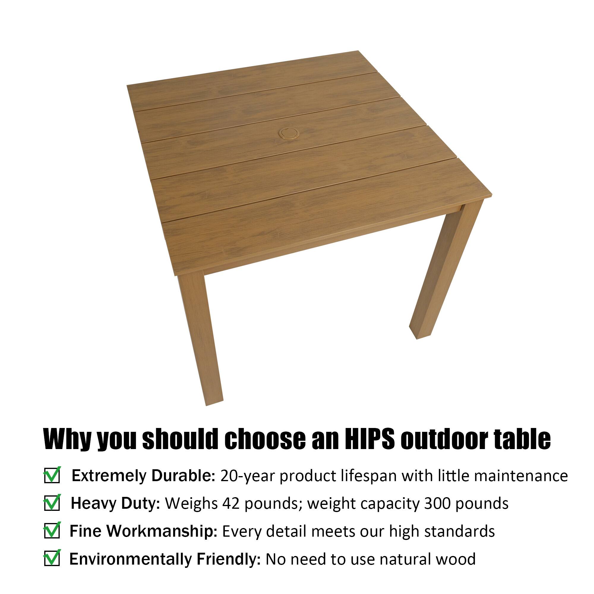 Why you should choose an HIPS outdoor table

- Extremely Durable: 20-year product lifespan with little maintenance
- Heavy Duty: Weighs 42 pounds; weight capacity 300 pounds
- Fine Workmanship: Every detail meets our high standards
- Environmentally Friendly: No need to use natural wood