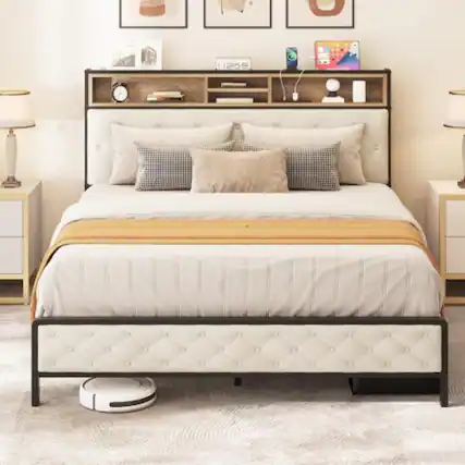 Front. LUCKY ONE - Queen Size Platform Bed Frame with Charging Station, Upholstered Storage Headboard and Footboard, Metal Slats - Beige,Queen.