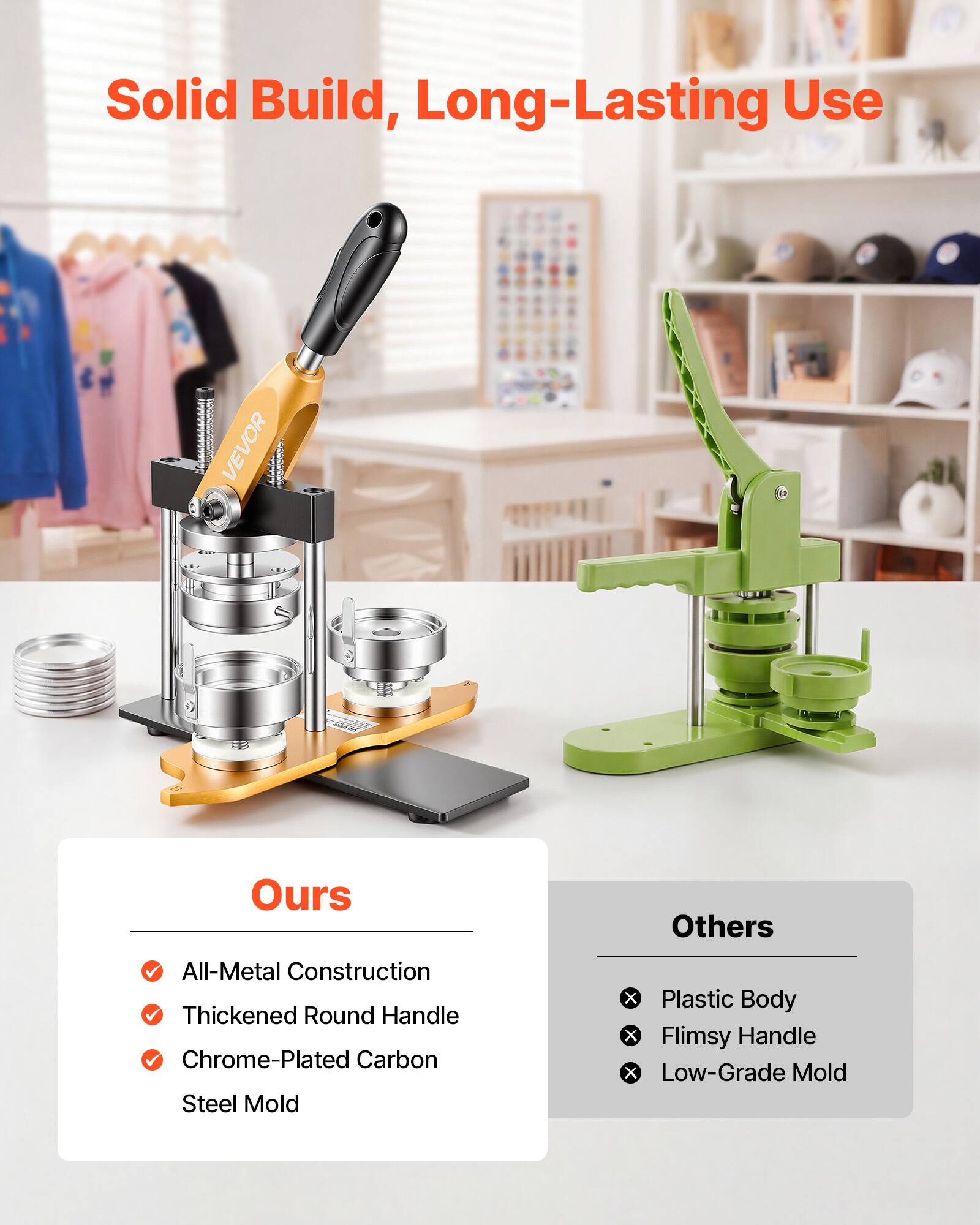 Solid Build, Long-Lasting Use

VEVOR

Ours
- All-Metal Construction
- Thickened Round Handle
- Chrome-Plated Carbon Steel Mold

Others
- Plastic Body
- Flimsy Handle
- Low-Grade Mold