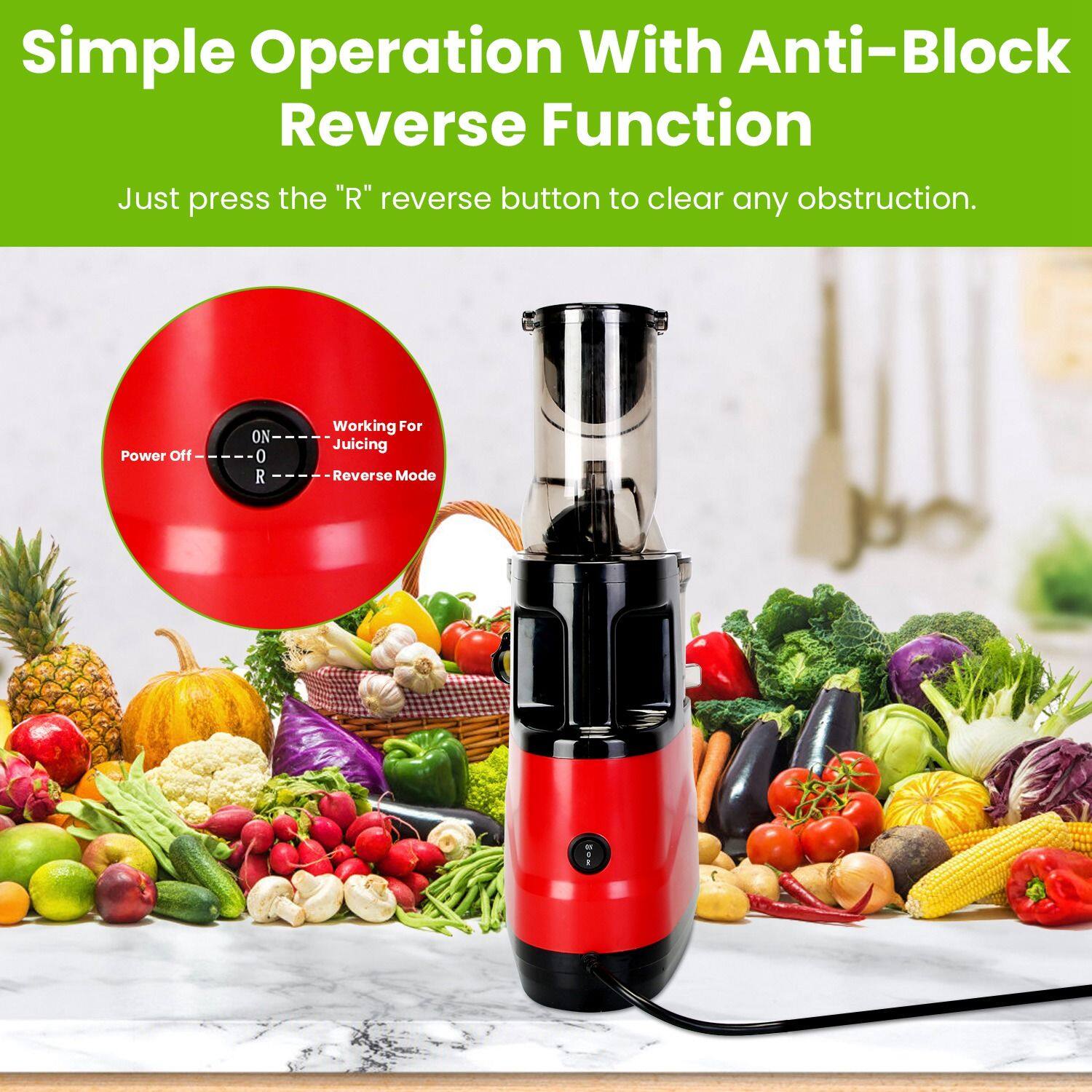 Simple Operation With Anti-Block Reverse Function  
Just press the "R" reverse button to clear any obstruction.  

Power Off -- O  
ON -- Working For Juicing  
R -- Reverse Mode