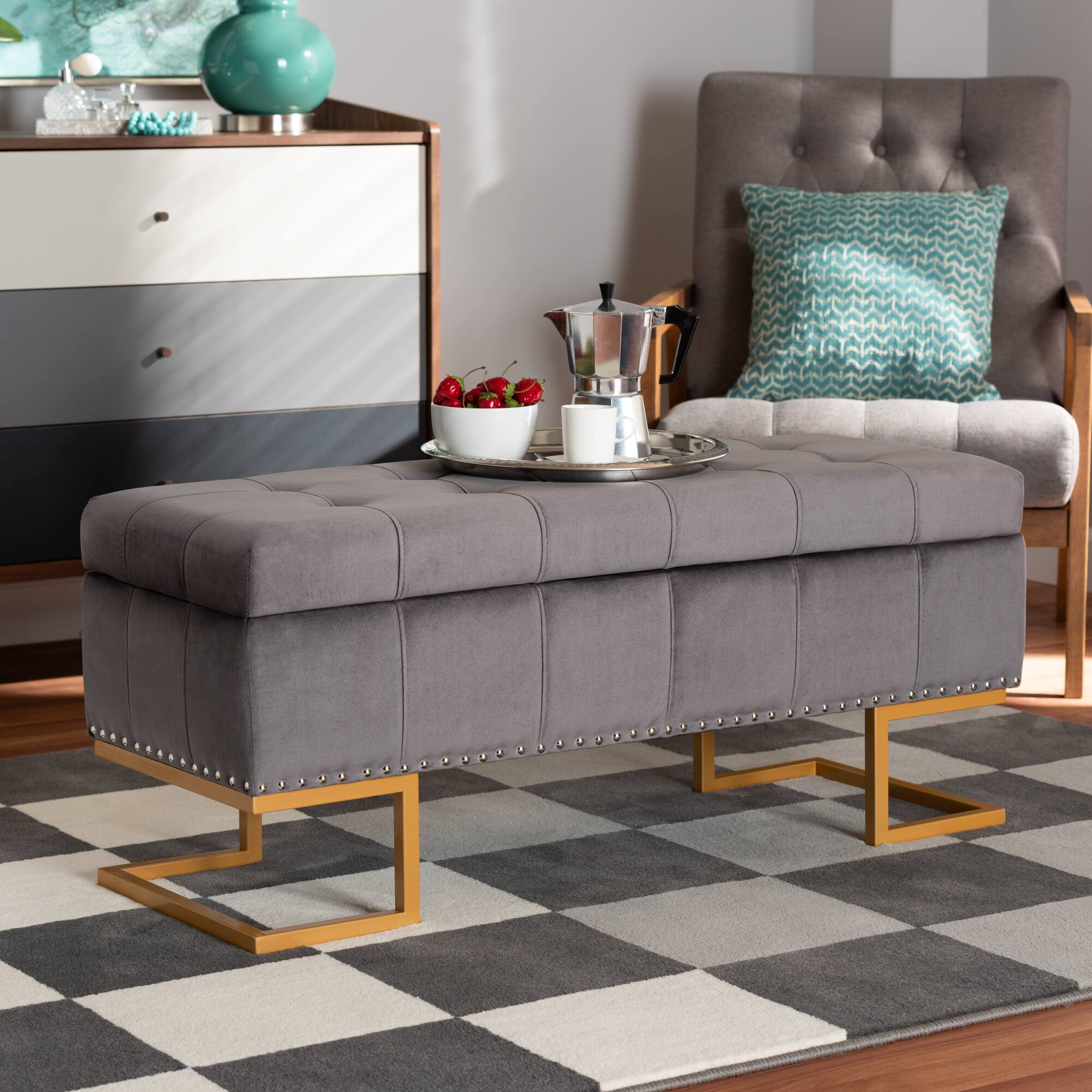 Alt View 4. Baxton Studio - Ellery Luxe and Glam Velvet Fabric Upholstered and Gold Finished Metal Storage Ottoman - Grey/Gold.